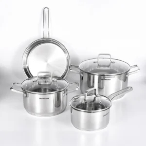 A stainless steel cookware set featuring various pots and pans, all equipped with matching lids.