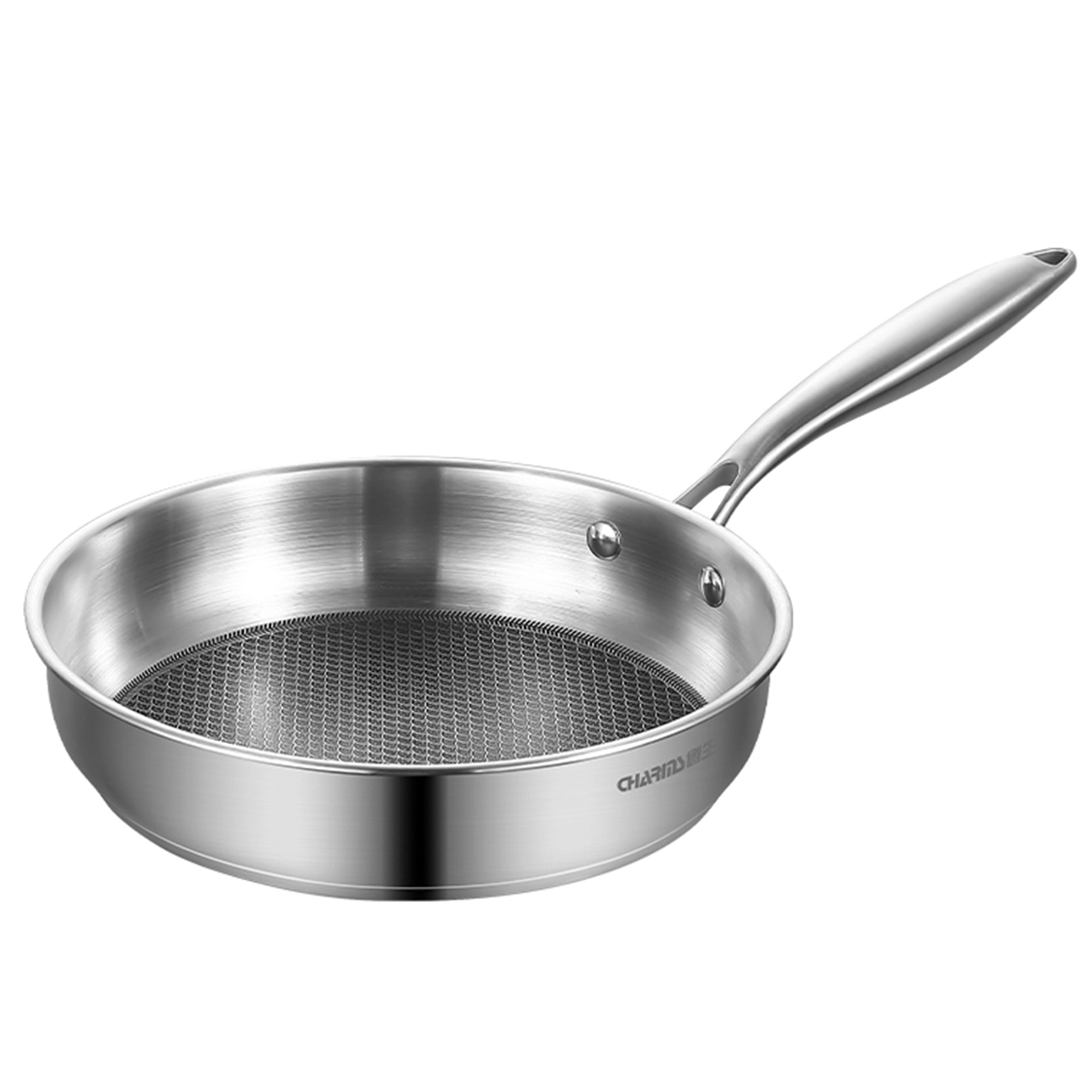 A sleek stainless steel frying pan with a comfortable handle, perfect for sautéing and frying.
