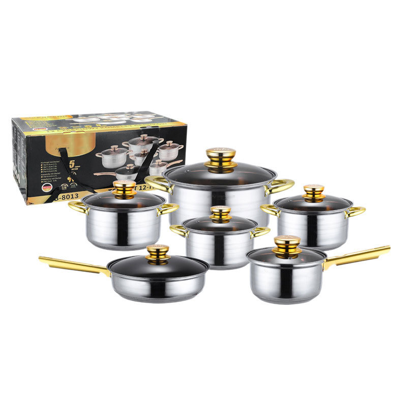 Wholesale 12 pieces Stainless Steel Cookware Set Gold Handle Kitchen Pot Set