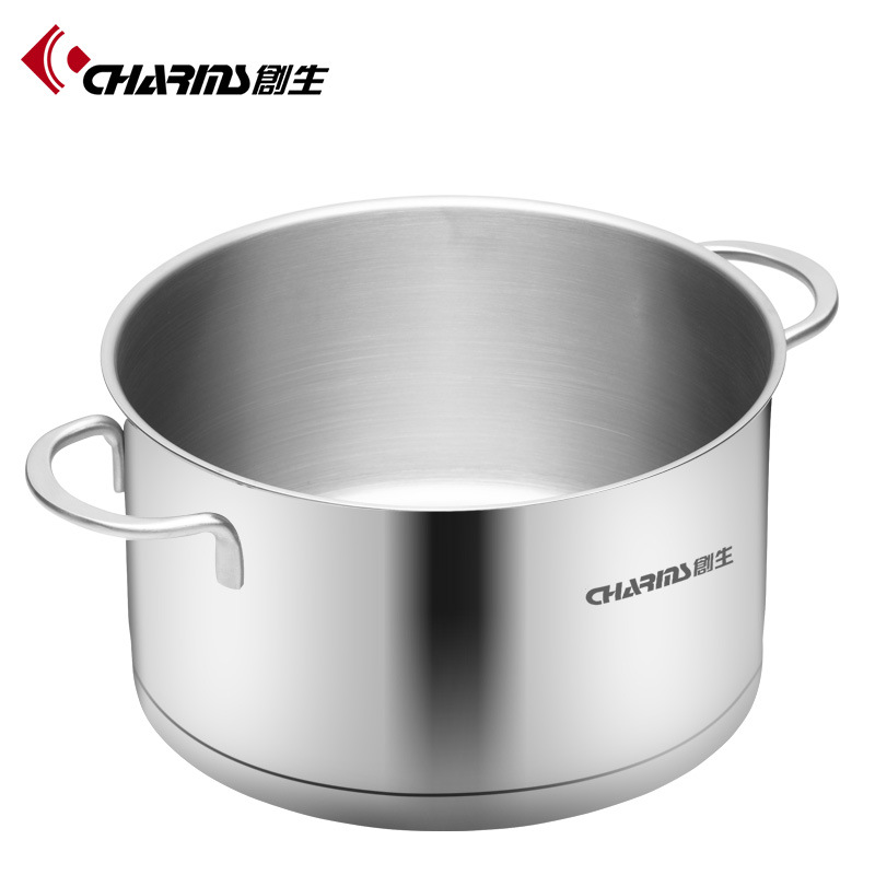 A polished stainless steel pot with a matching lid, branded Charlie, ideal for various cooking tasks.