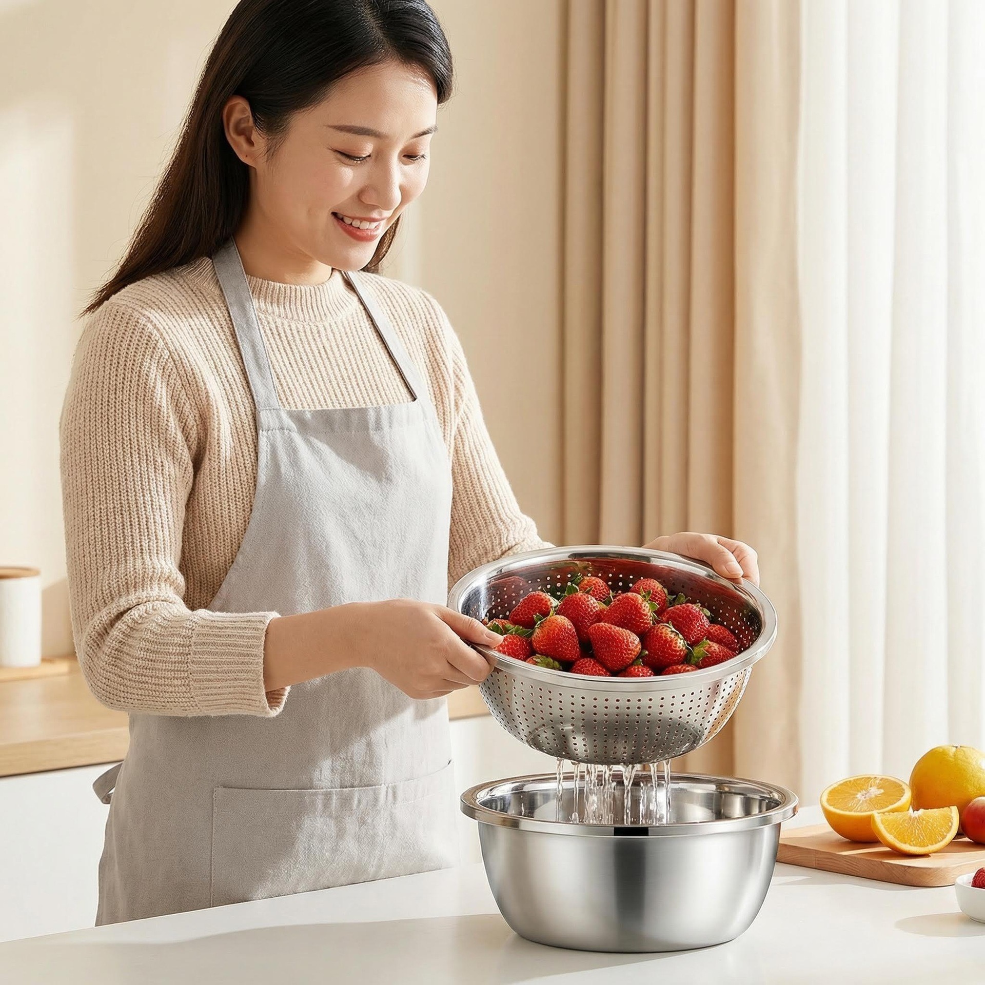A woman is washing and preparing fresh strawberries in a stainless steel bowl on a kitchen countertop.