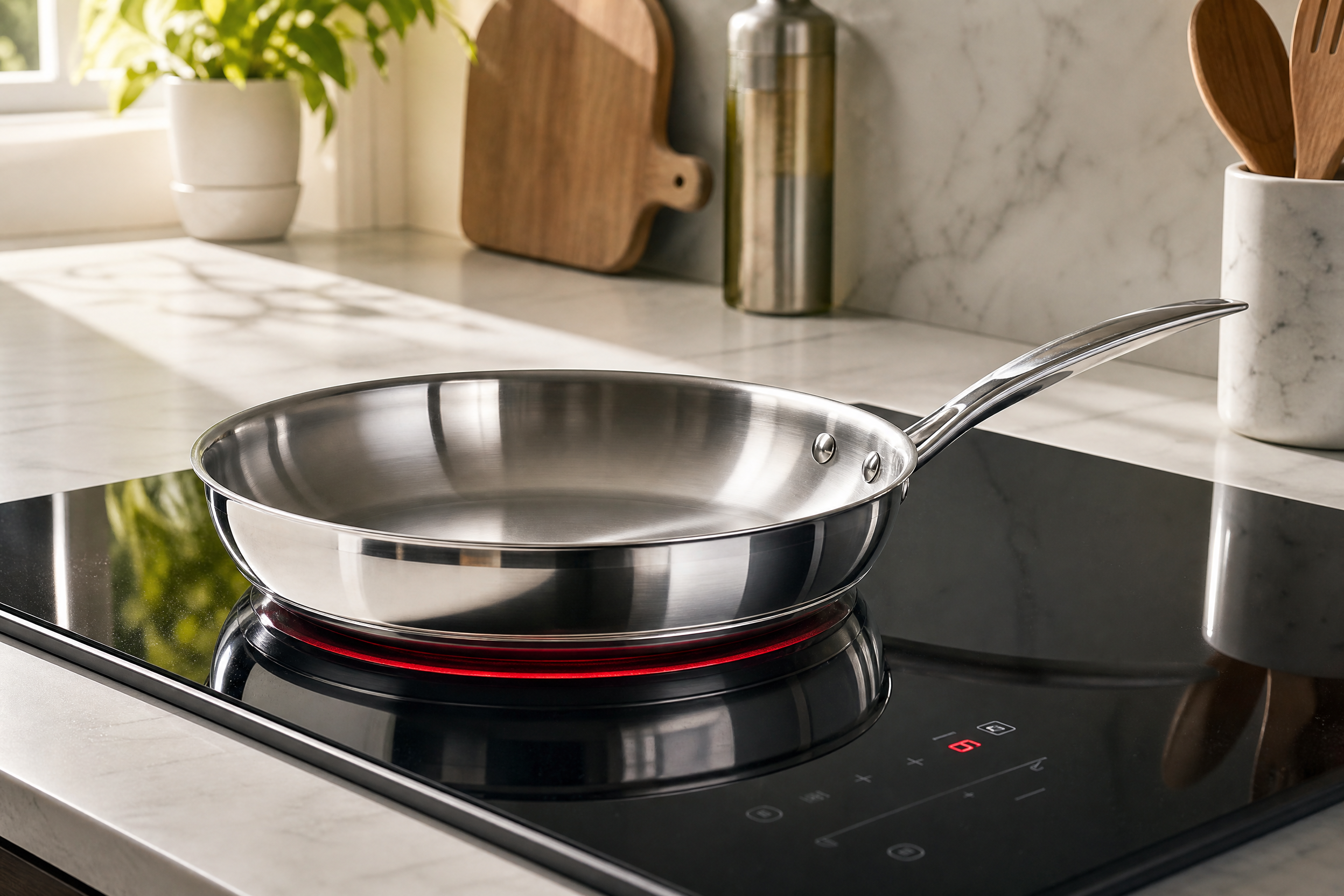Stainless steel pan on an induction cooktop showing magnetic compatibility