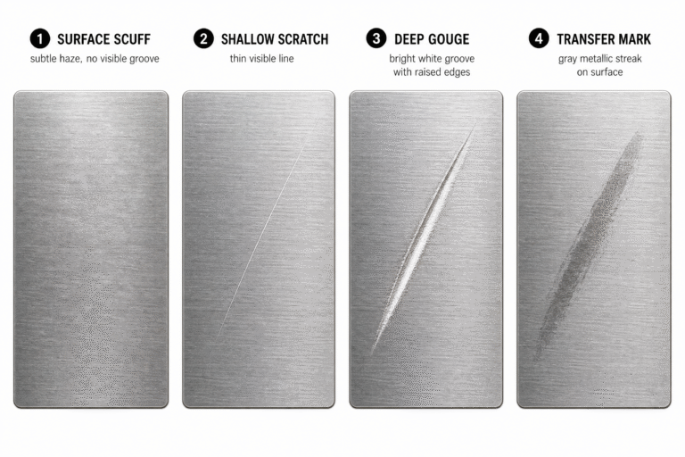 Four types of stainless steel cookware marks — surface scuff, shallow scratch, deep gouge, and aluminum transfer mark — illustrated side by side