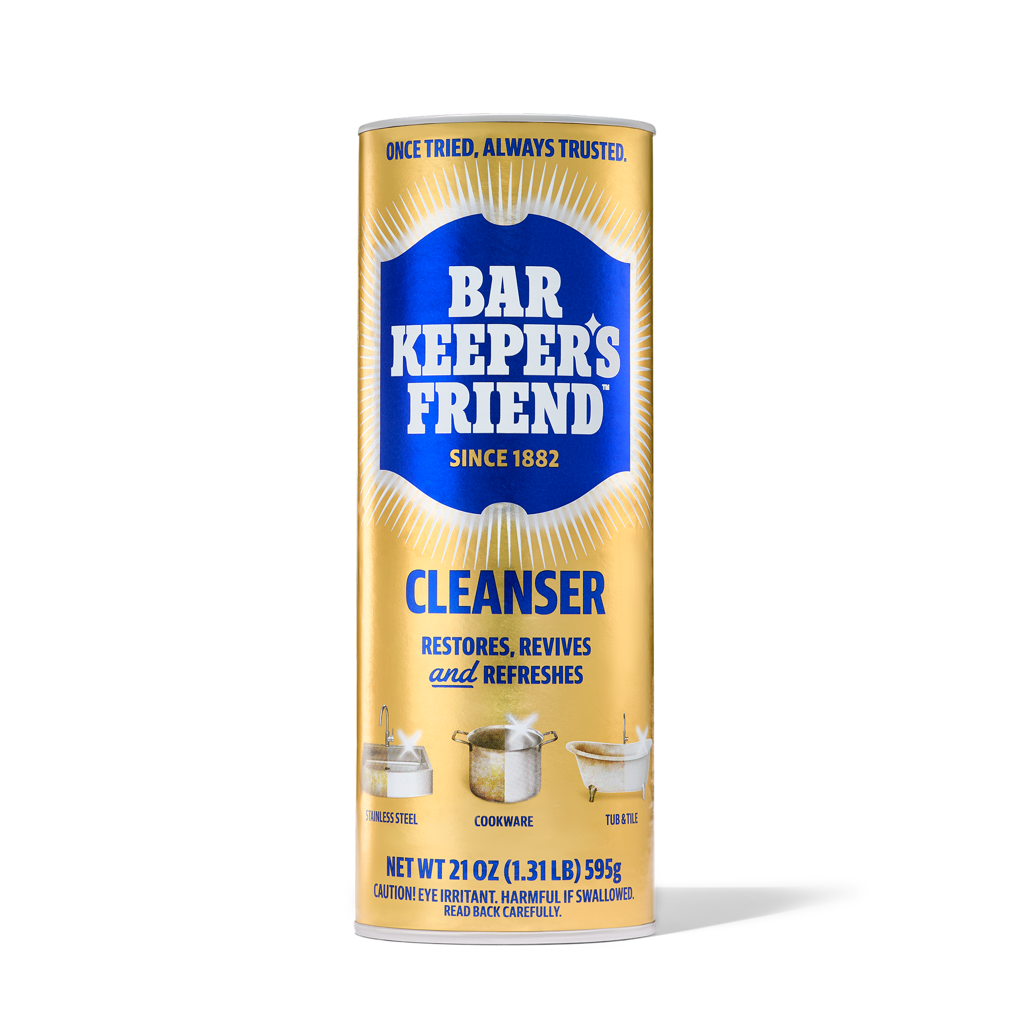 Bar Keepers Friend powder cleanser and blue Scotch-Brite non-scratch pad on white kitchen countertop — tools for stainless steel scratch repair