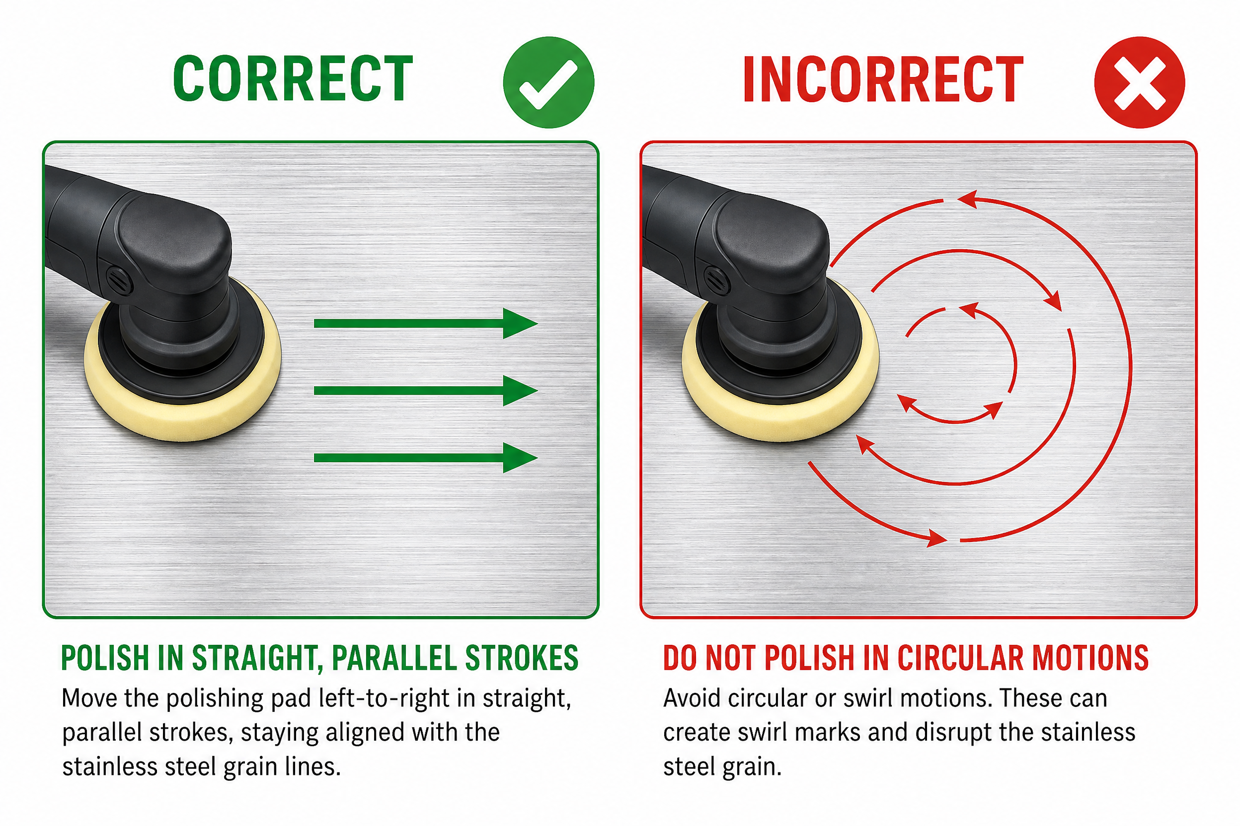 Diagram showing correct straight-stroke technique parallel to grain direction versus incorrect circular motion on brushed stainless steel