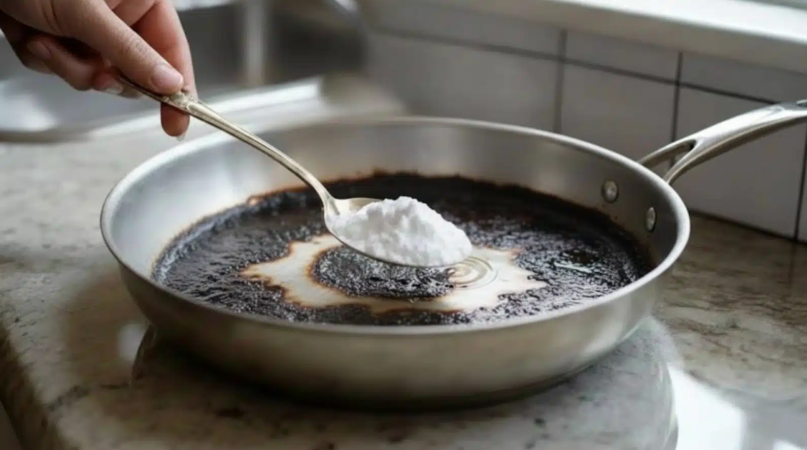 Adding baking soda to a heavily burnt stainless steel pan filled with water - interior cleaning method