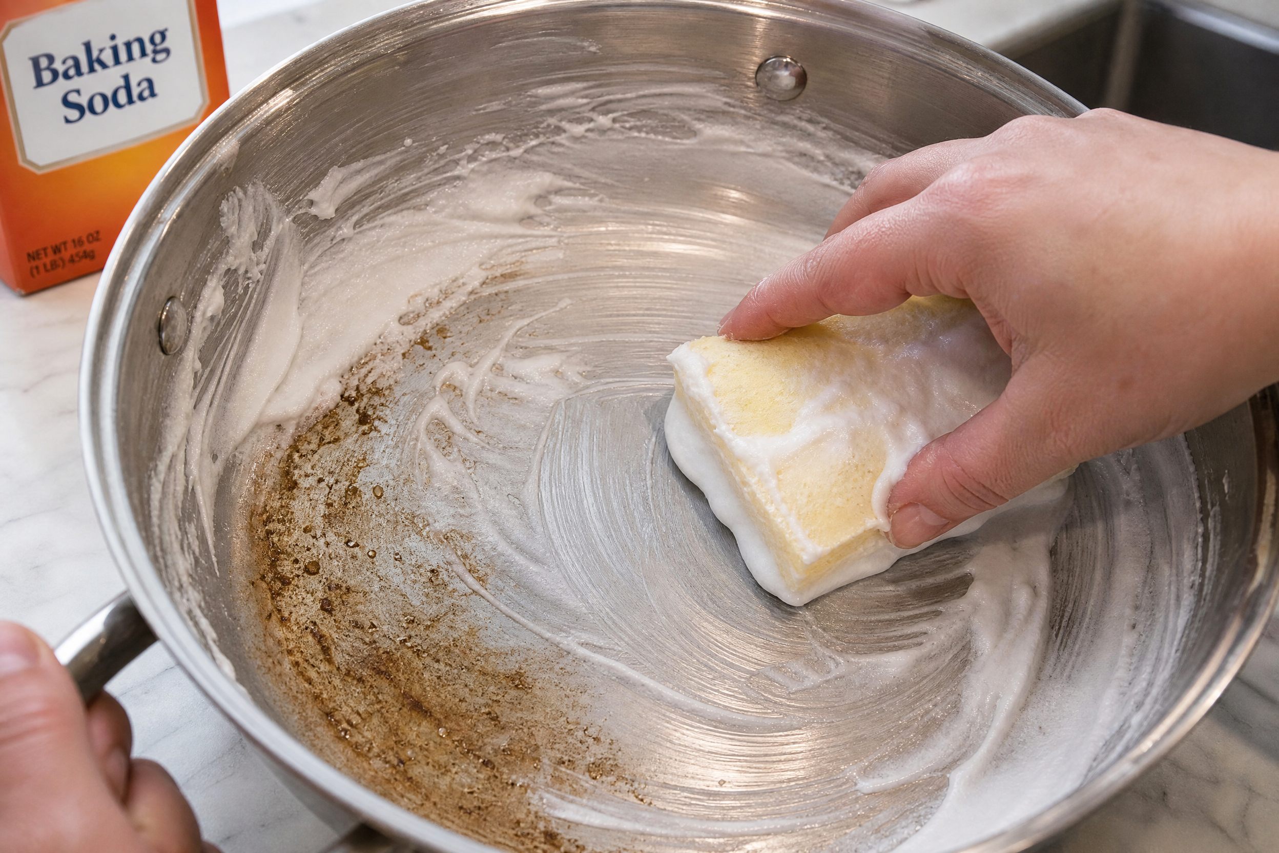 Baking soda paste on stainless steel pan surface removing brown mineral deposit stains