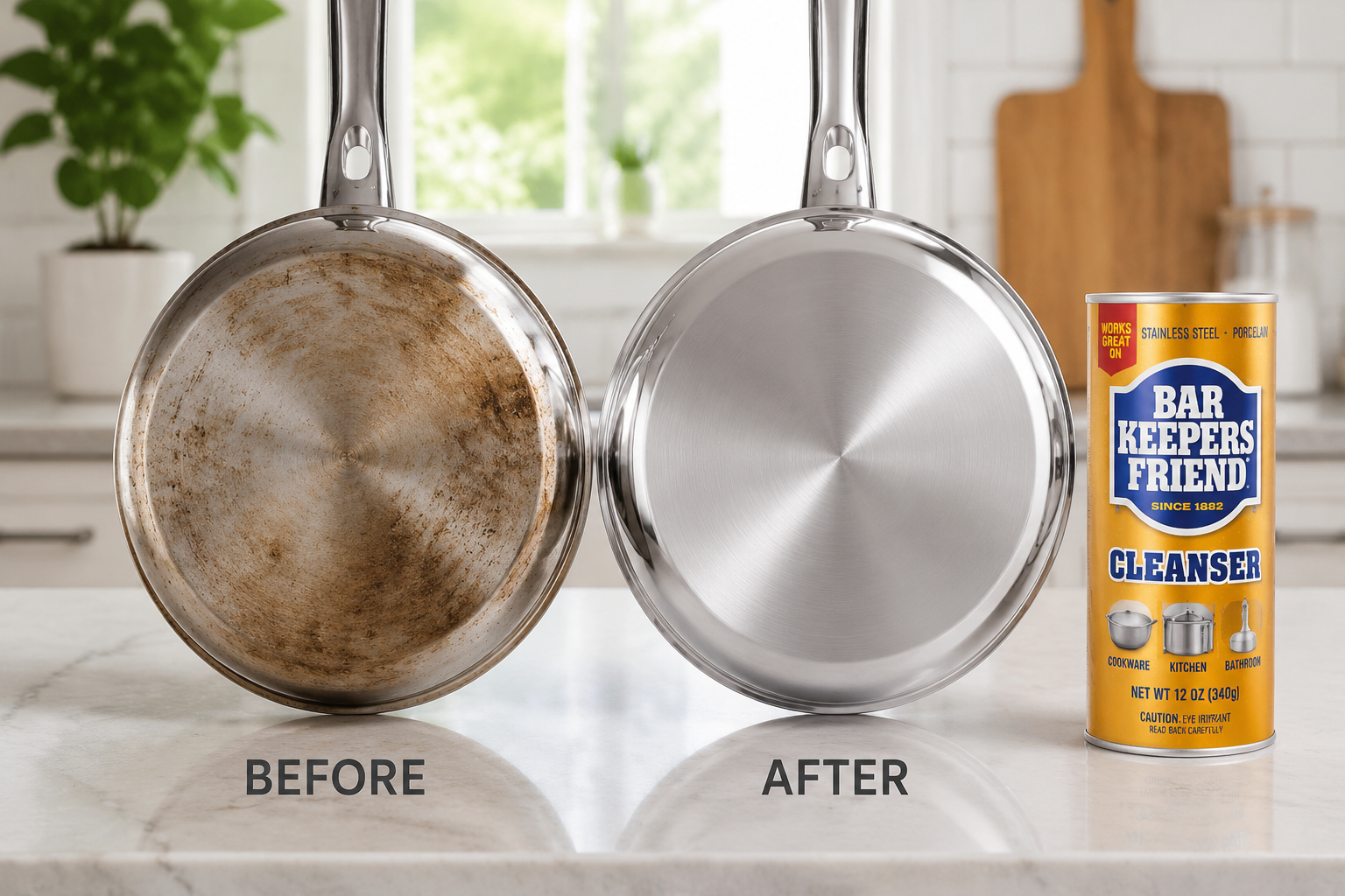 Bar Keepers Friend orange cleanser can next to a shiny polished stainless steel pan on kitchen counter