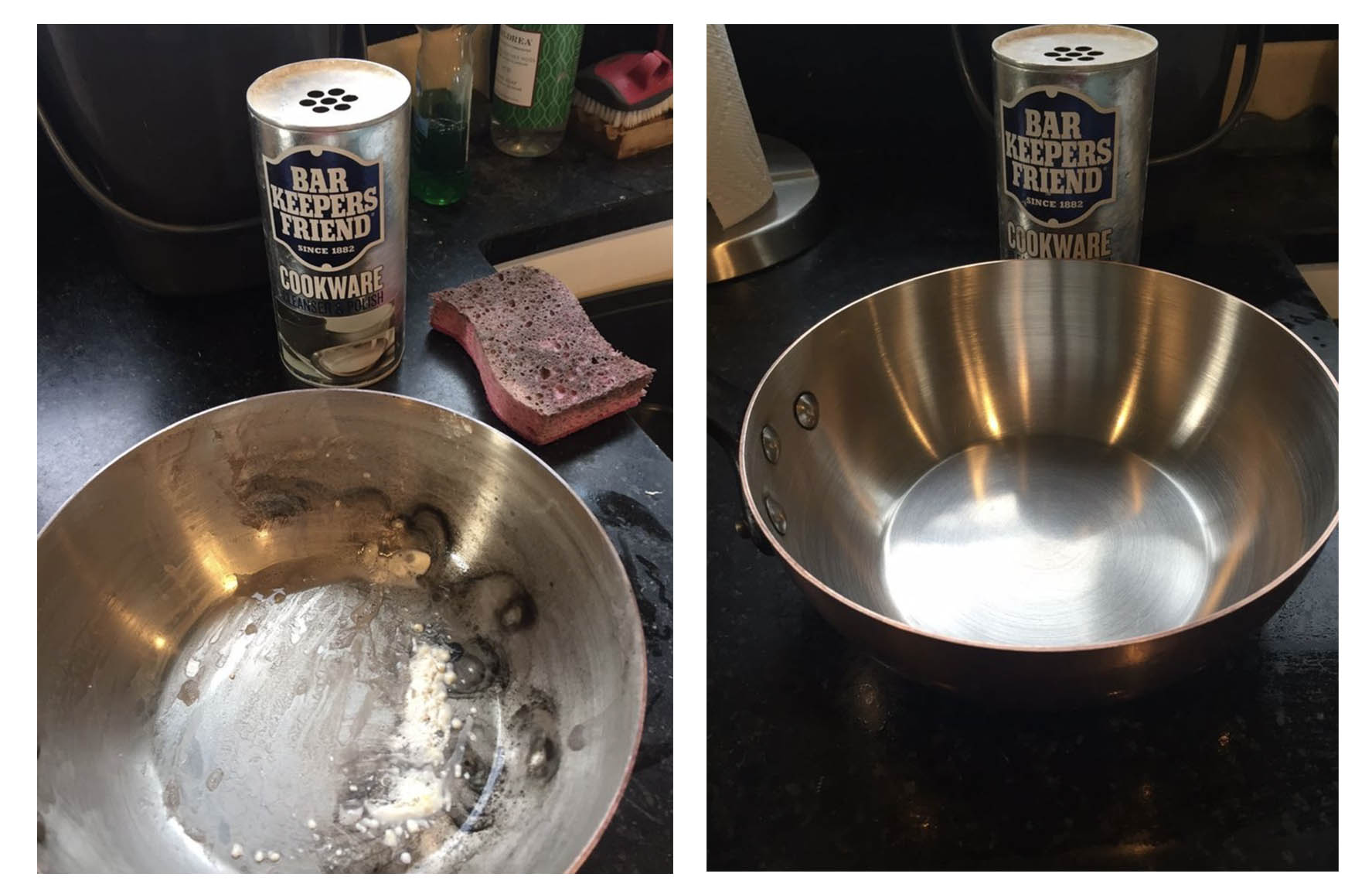 Bar Keepers Friend cleanser being used to clean stainless steel pan exterior - oxalic acid powder applied to brown stained cookware