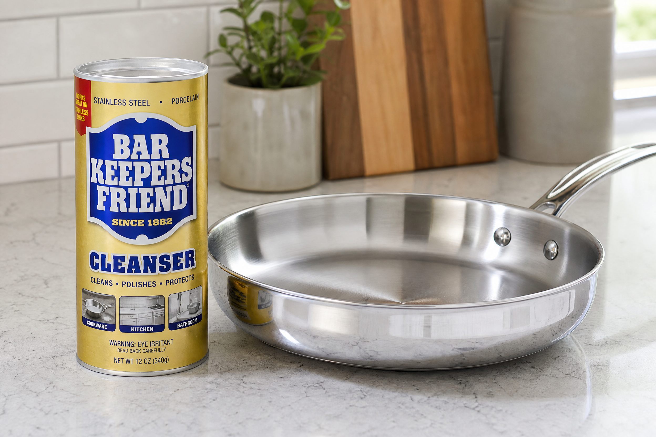 Bar Keepers Friend cleanser used to remove stubborn stains from stainless steel cookware