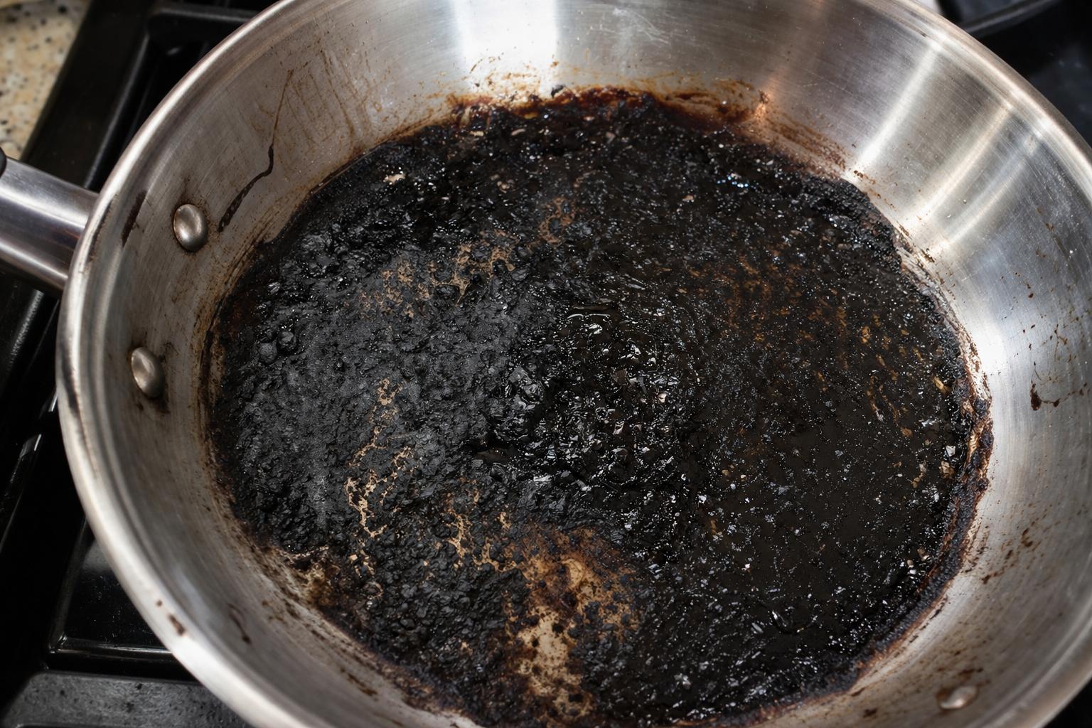 Burnt food carbonized residue on stainless steel pan bottom - black scorched crust before cleaning
