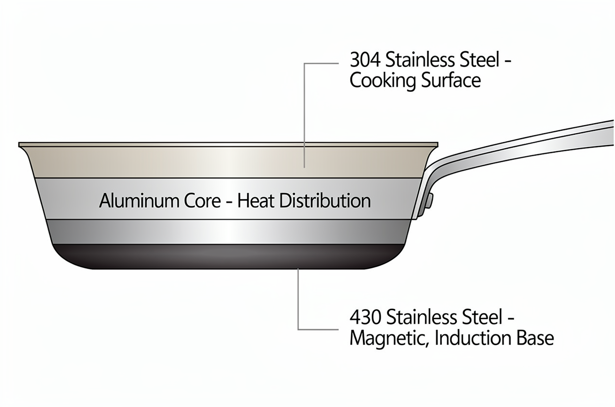 Cross-section diagram of clad stainless steel cookware showing 430 magnetic base layer aluminum core and 304 cooking surface