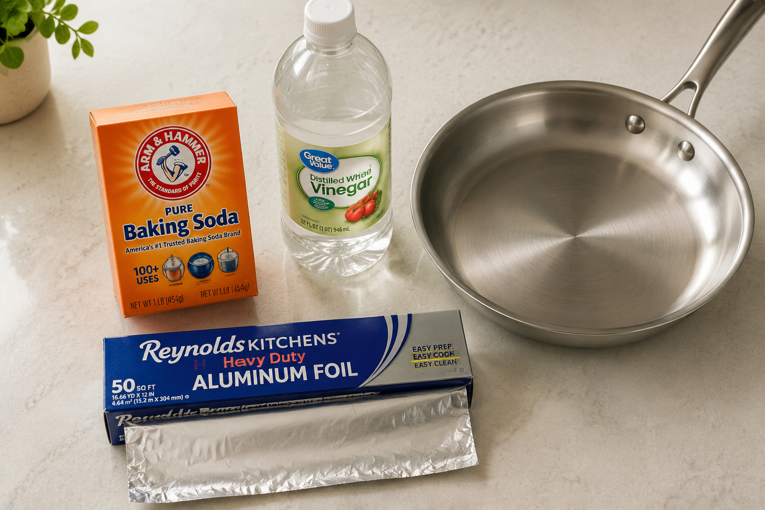 Baking soda, white vinegar, aluminum foil and scrub pad for cleaning burnt stainless steel - kitchen counter overhead view