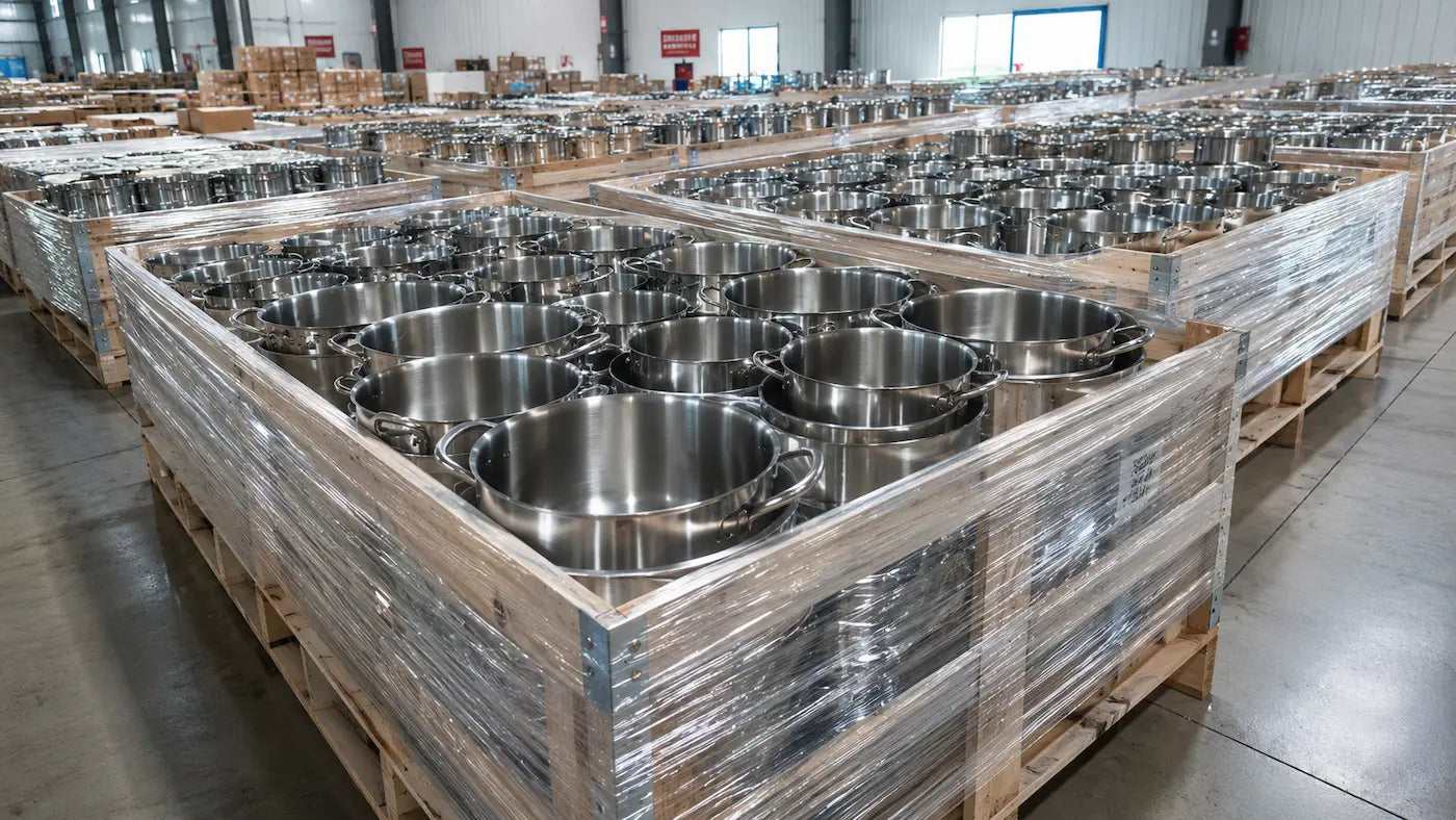 Brand buyer reviewing stainless steel cookware samples at Chinese factory showroom - OEM ODM supplier selection