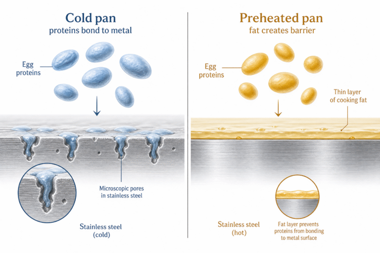 Diagram showing egg protein sticking to cold stainless steel pan surface versus releasing cleanly from properly preheated pan with fat layer
