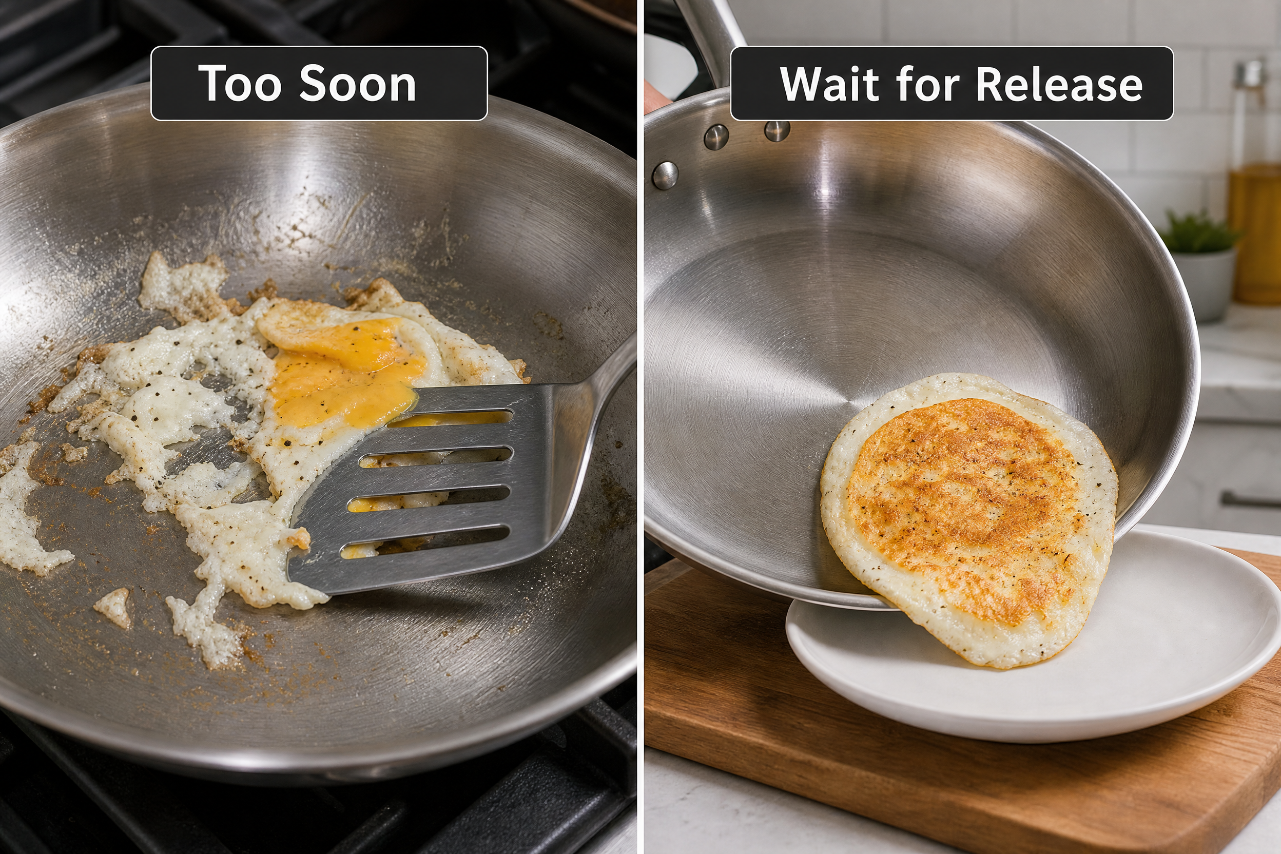 Egg releasing cleanly from preheated stainless steel pan versus stuck egg being forced off cold pan - common mistake comparison