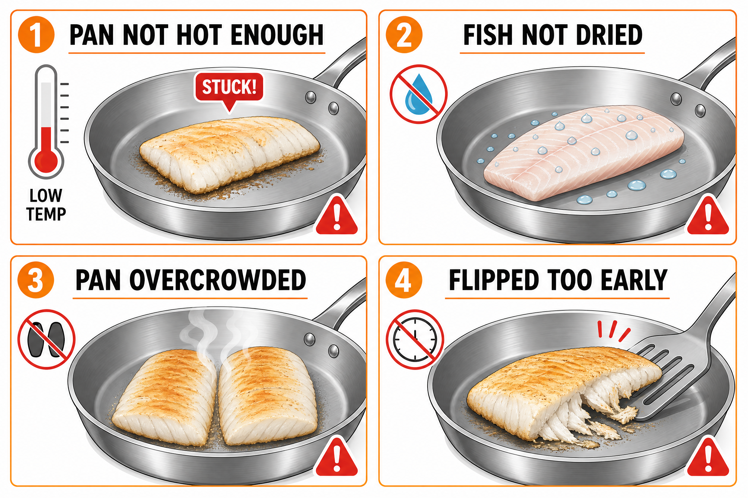 diagram showing four common reasons fish sticks to stainless steel pan - under-heated pan, wet fish surface, overcrowded pan, flipped too early