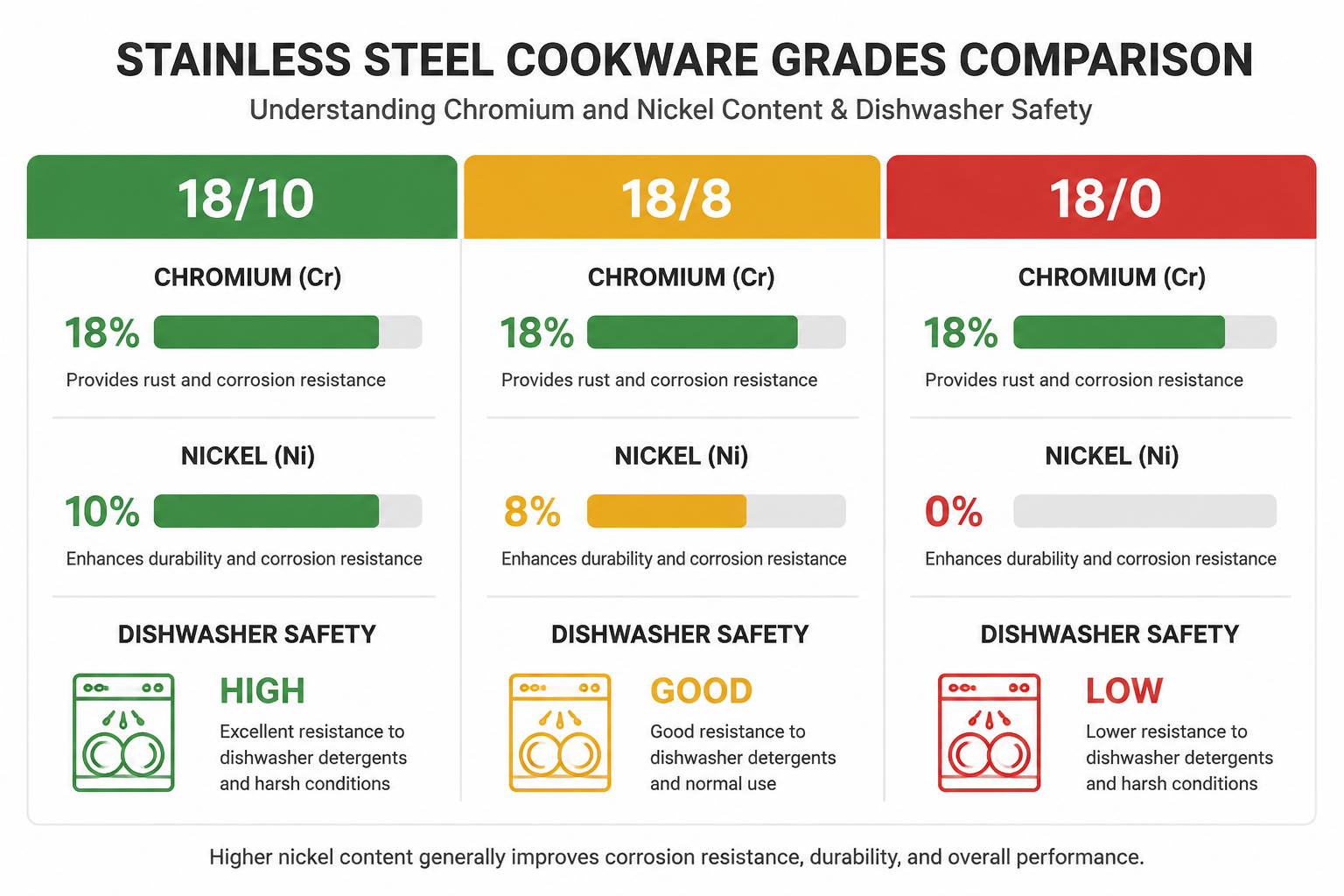Stainless steel grade comparison chart - 18/10 vs 18/8 vs 18/0 nickel content and dishwasher safety rating