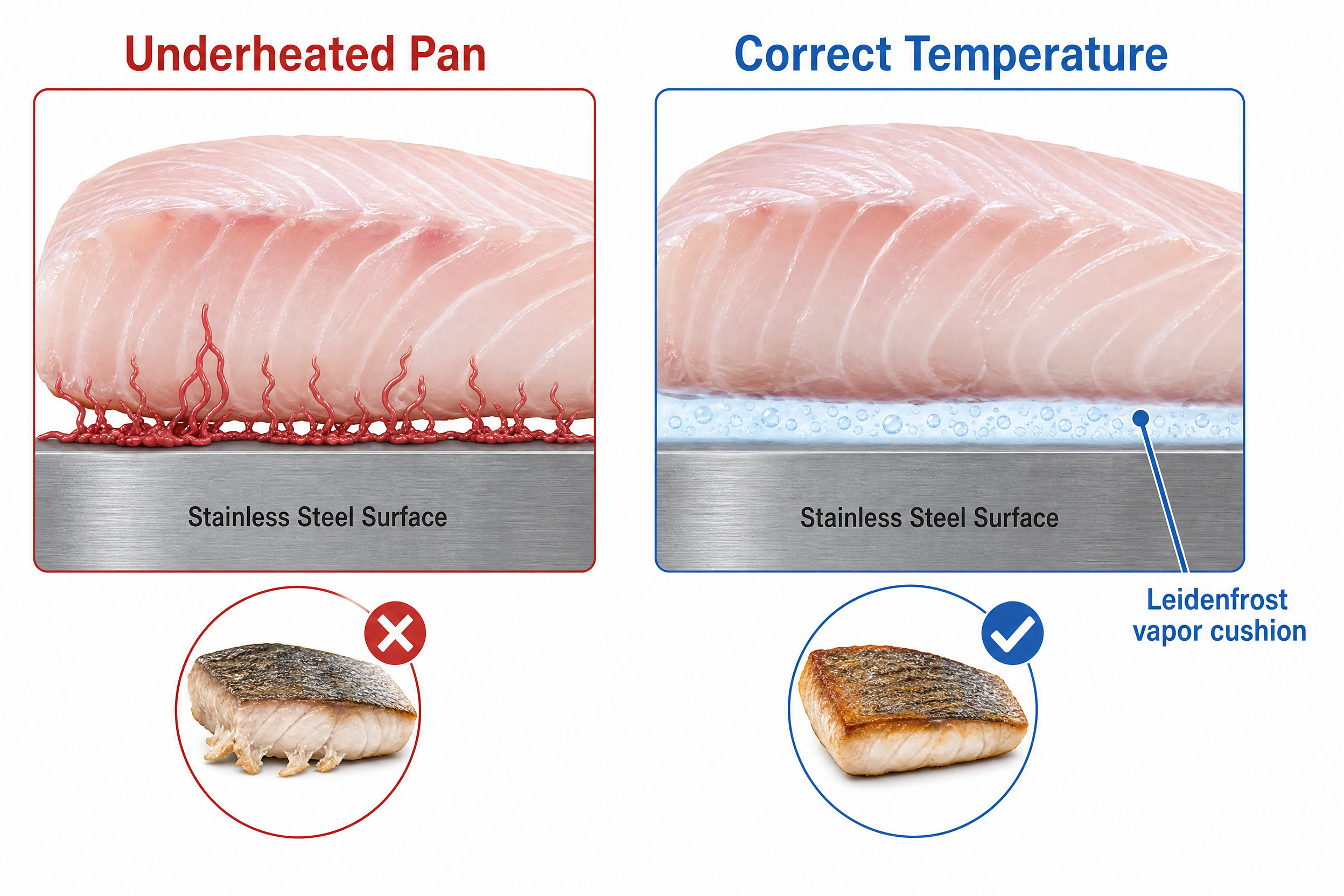diagram showing four common reasons fish sticks to stainless steel pan - under-heated pan, wet fish surface, overcrowded pan, flipped too early