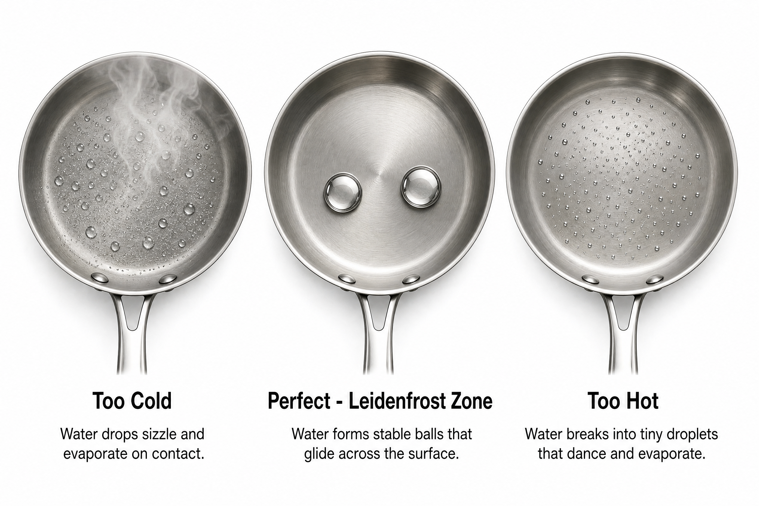 Water drop test on stainless steel pan - three stages showing too cold, perfect Leidenfrost zone, and too hot