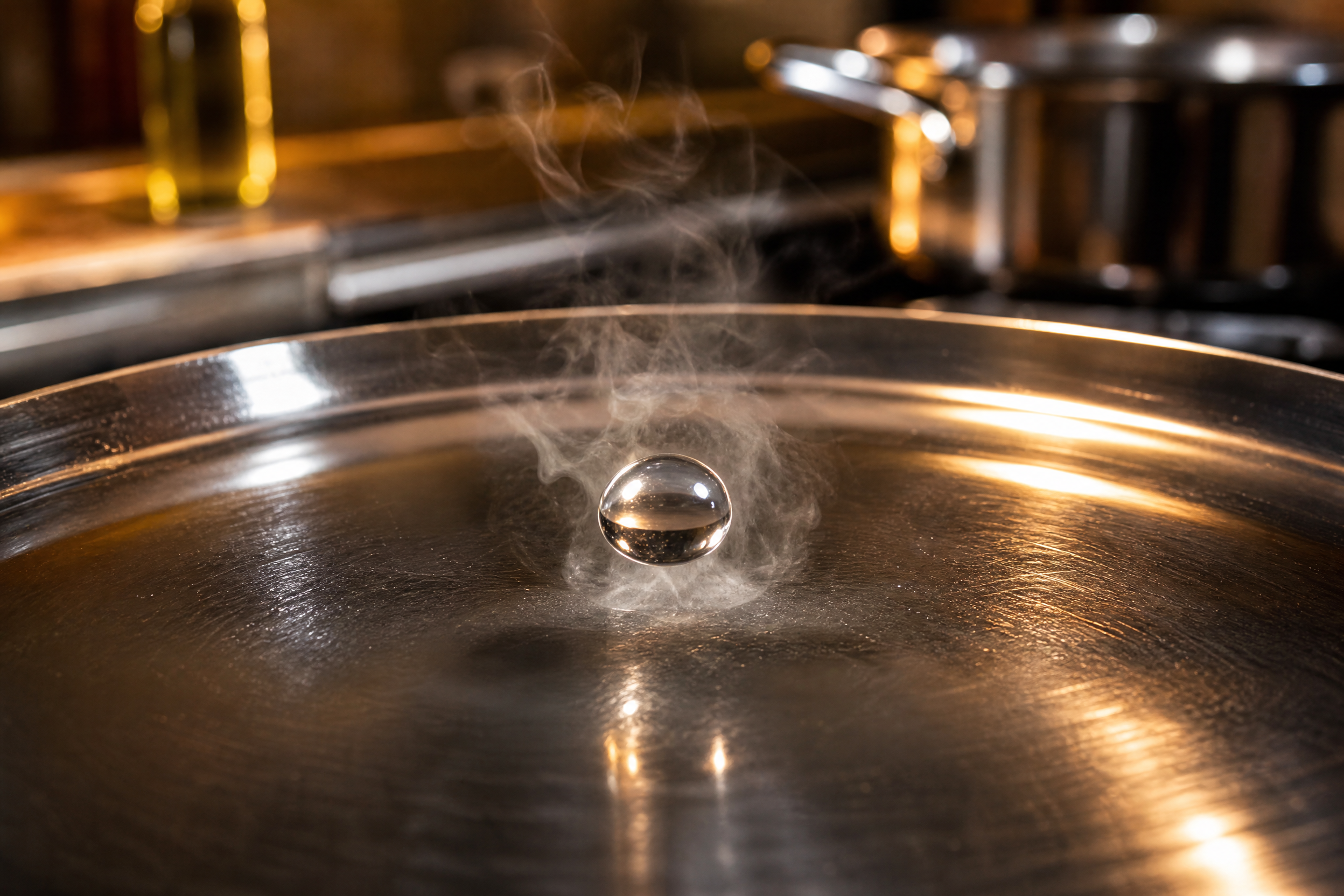 Water bead rolling on preheated stainless steel pan showing Leidenfrost effect - single droplet hovering on hot surface