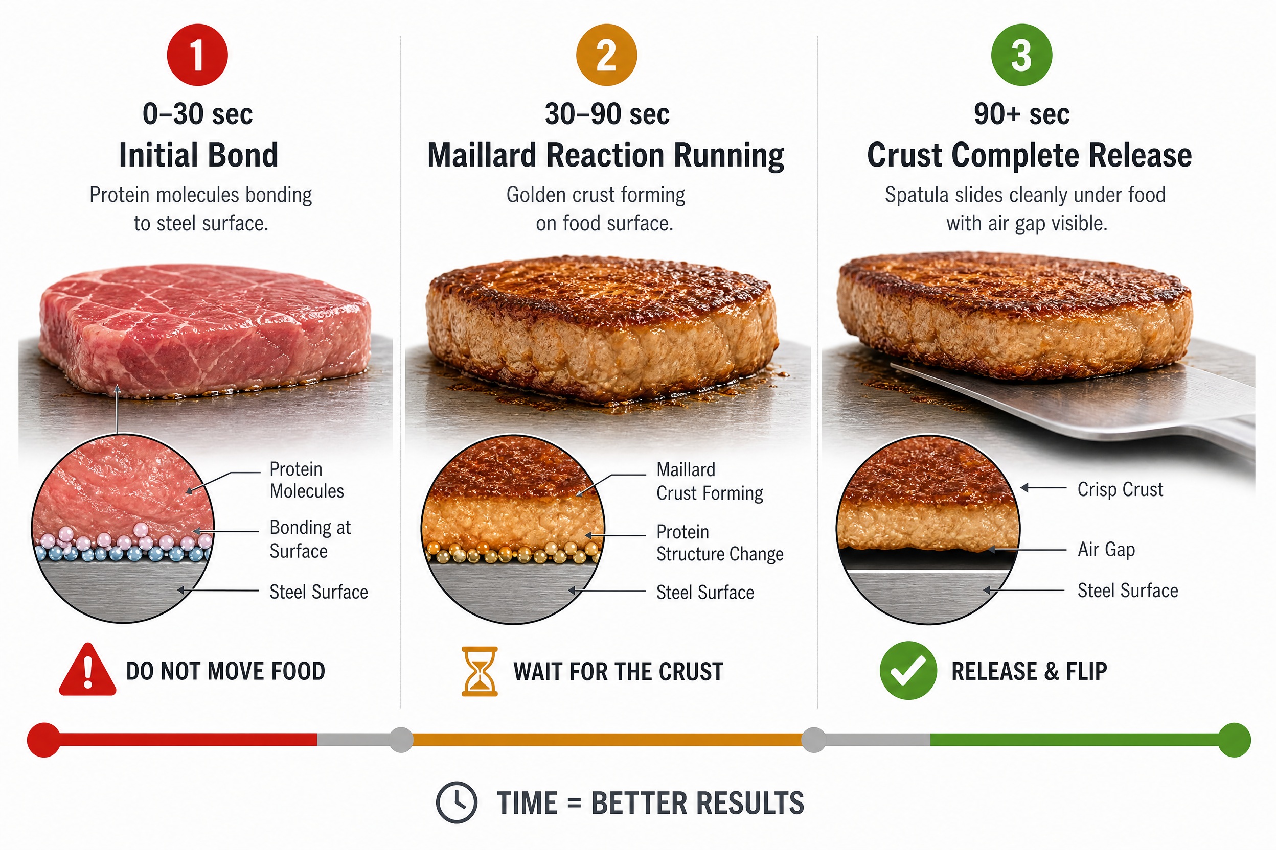 Three-stage timeline diagram showing food sticking to stainless steel pan at first contact, then Maillard crust forming during cooking, then food releasing cleanly once crust is complete