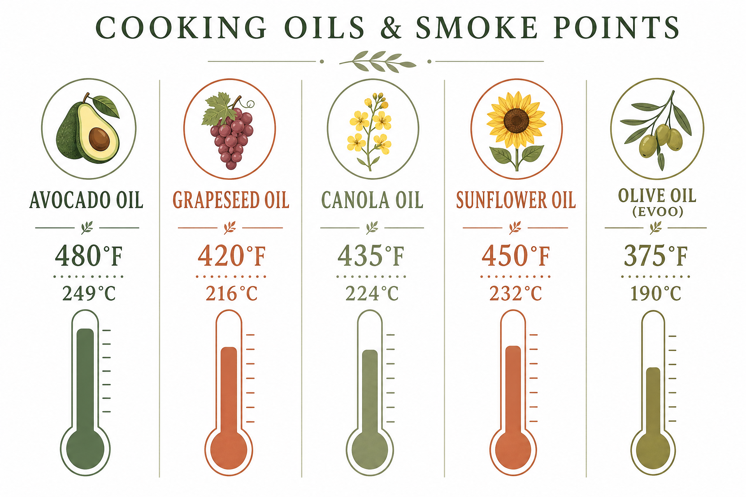 Smoke point comparison chart for cooking oils suitable for seasoning stainless steel - avocado grapeseed canola sunflower olive oil