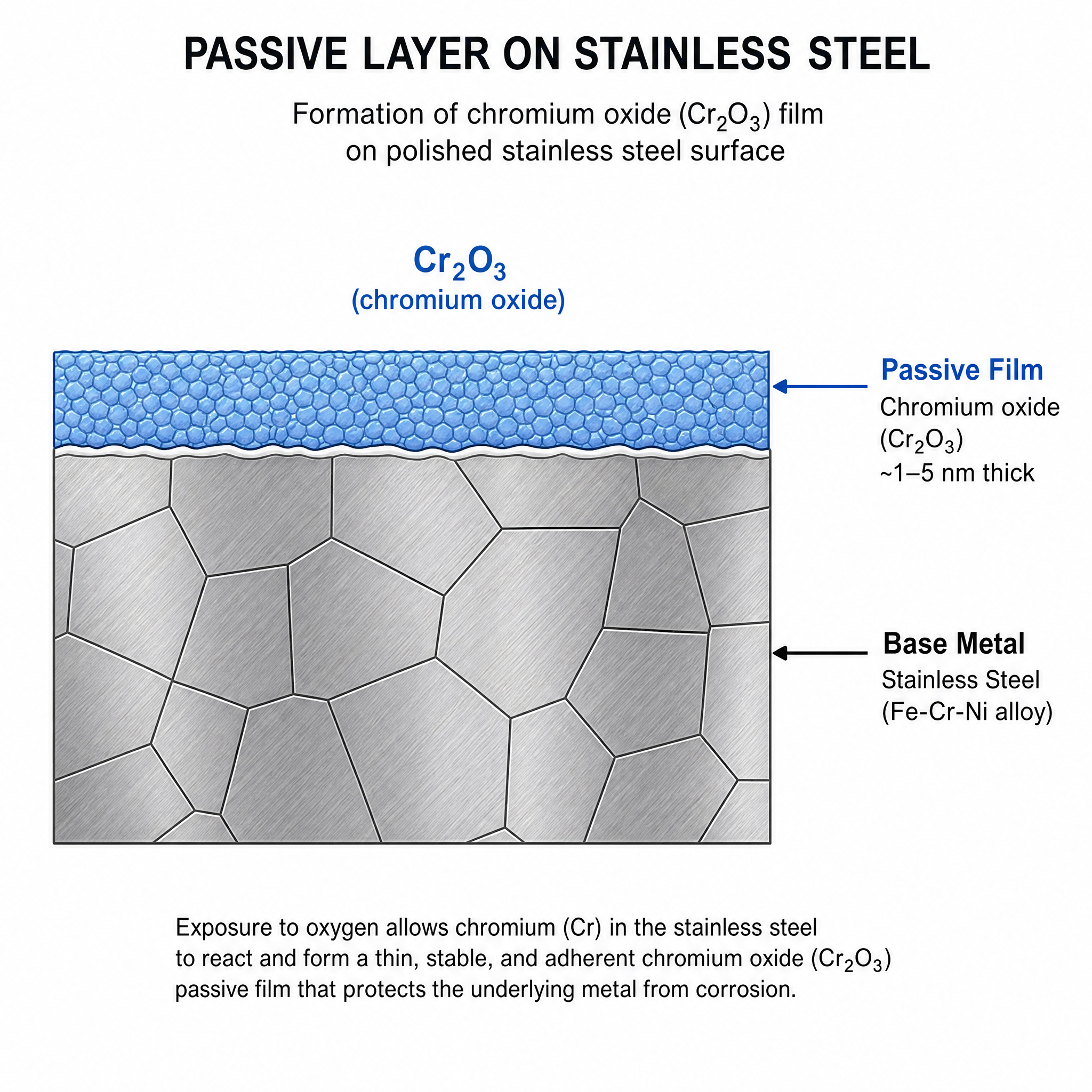 Diagram showing chromium oxide passive layer formation on 18/10 stainless steel surface - corrosion resistance mechanism