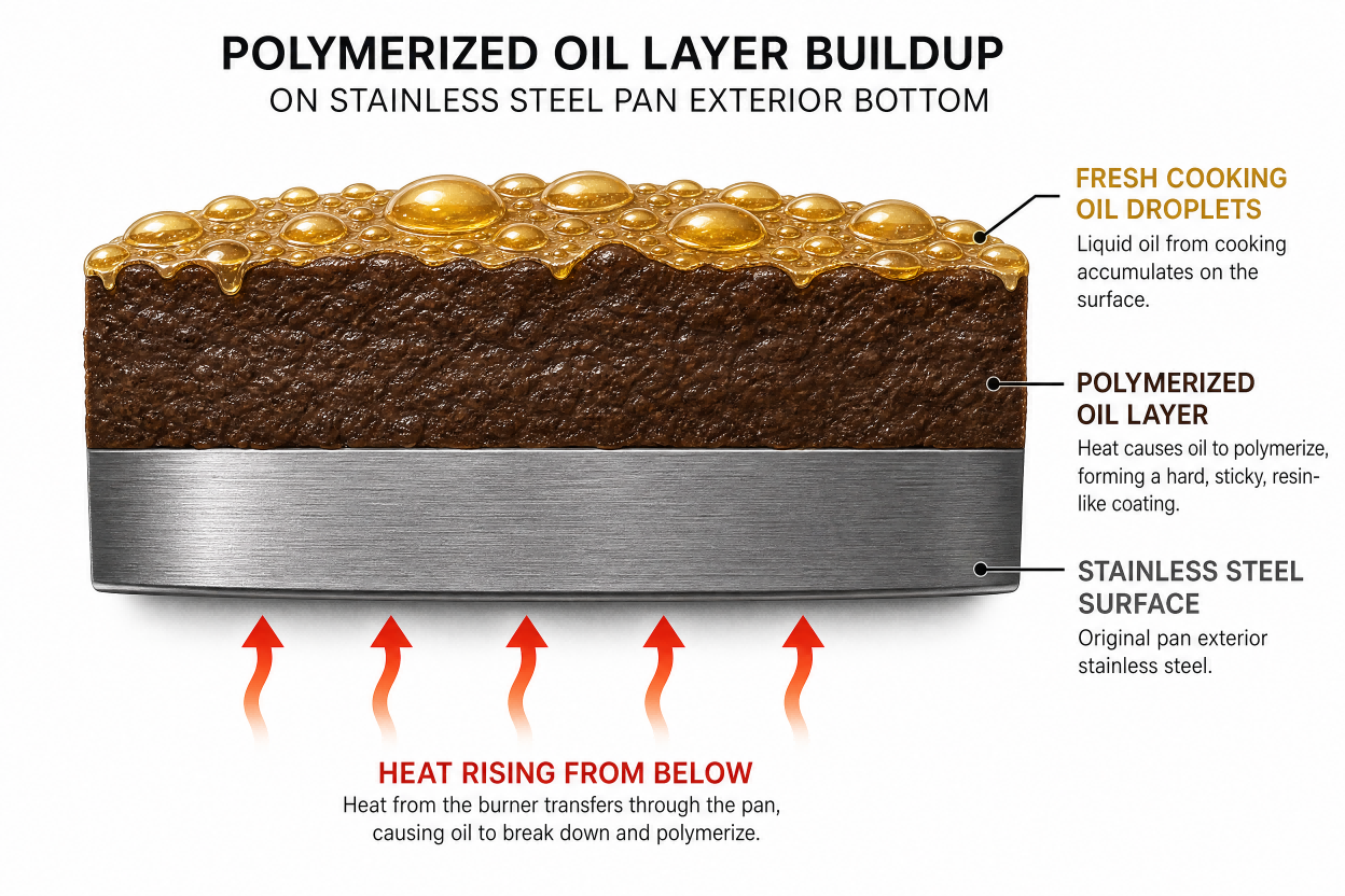 Diagram showing polymerized oil layer buildup on stainless steel pan exterior bottom - cross-section view with labeled stainless steel surface, polymerized resin layer, and fresh cooking oil