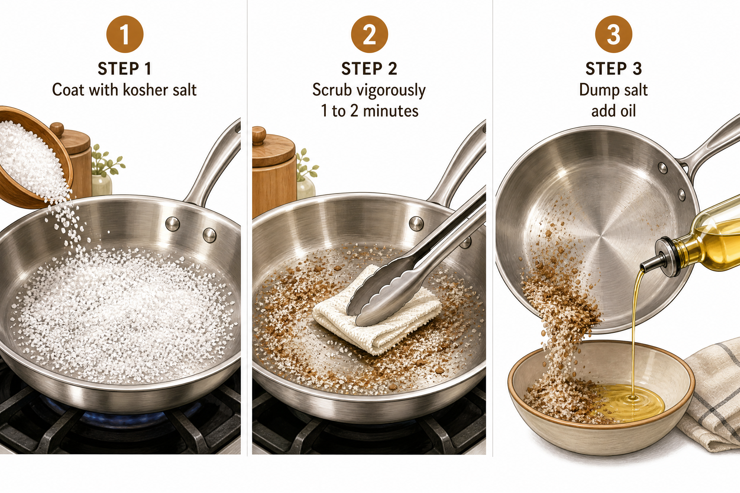Three-step infographic showing the kosher salt hack for stainless steel pan egg cooking: spreading salt, scrubbing with paper towel, and adding oil after dumping salt out