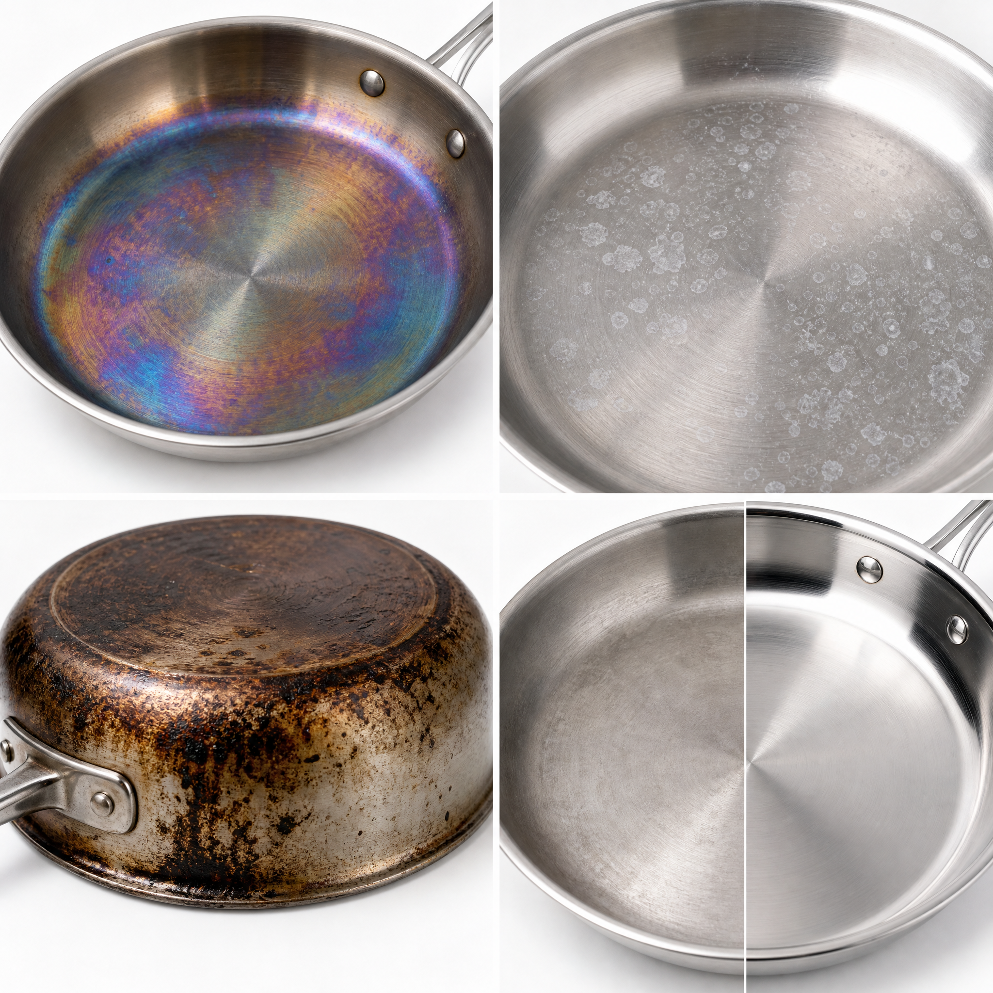 Four types of stainless steel cookware discoloration - rainbow iridescence, water spots, burnt exterior, and surface haze