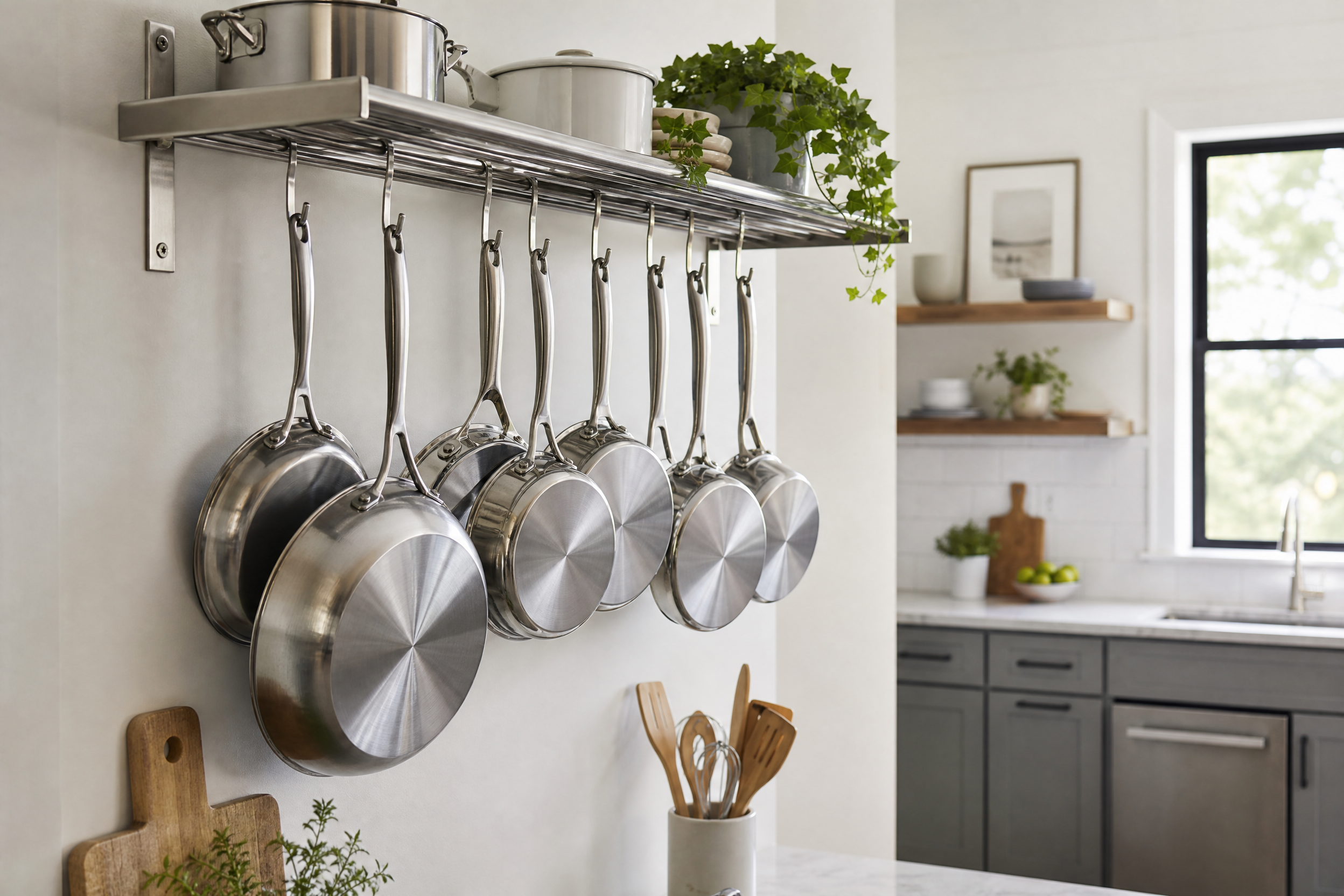 Stainless steel pots and pans hanging on a wall-mounted pot rack in a kitchen for proper scratch-free storage