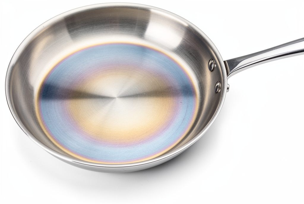 Stainless steel frying pan showing rainbow heat tint discoloration on interior cooking surface