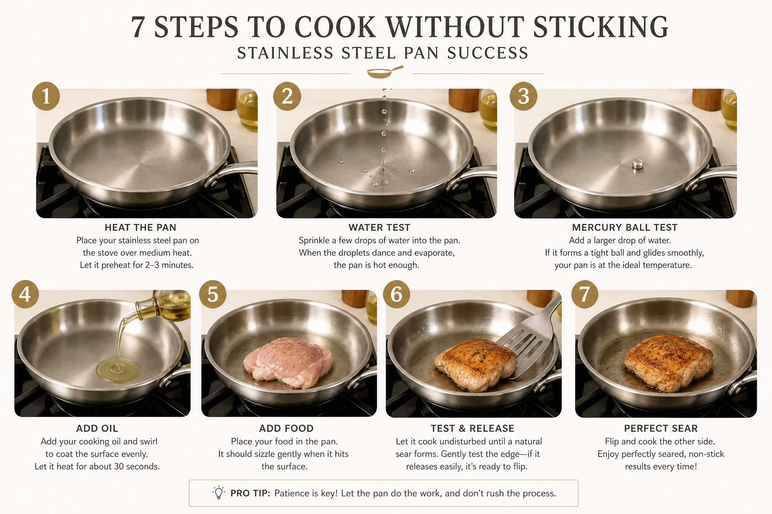 Step-by-step infographic for cooking with stainless steel pan without sticking - 7 steps from preheat to perfect sear