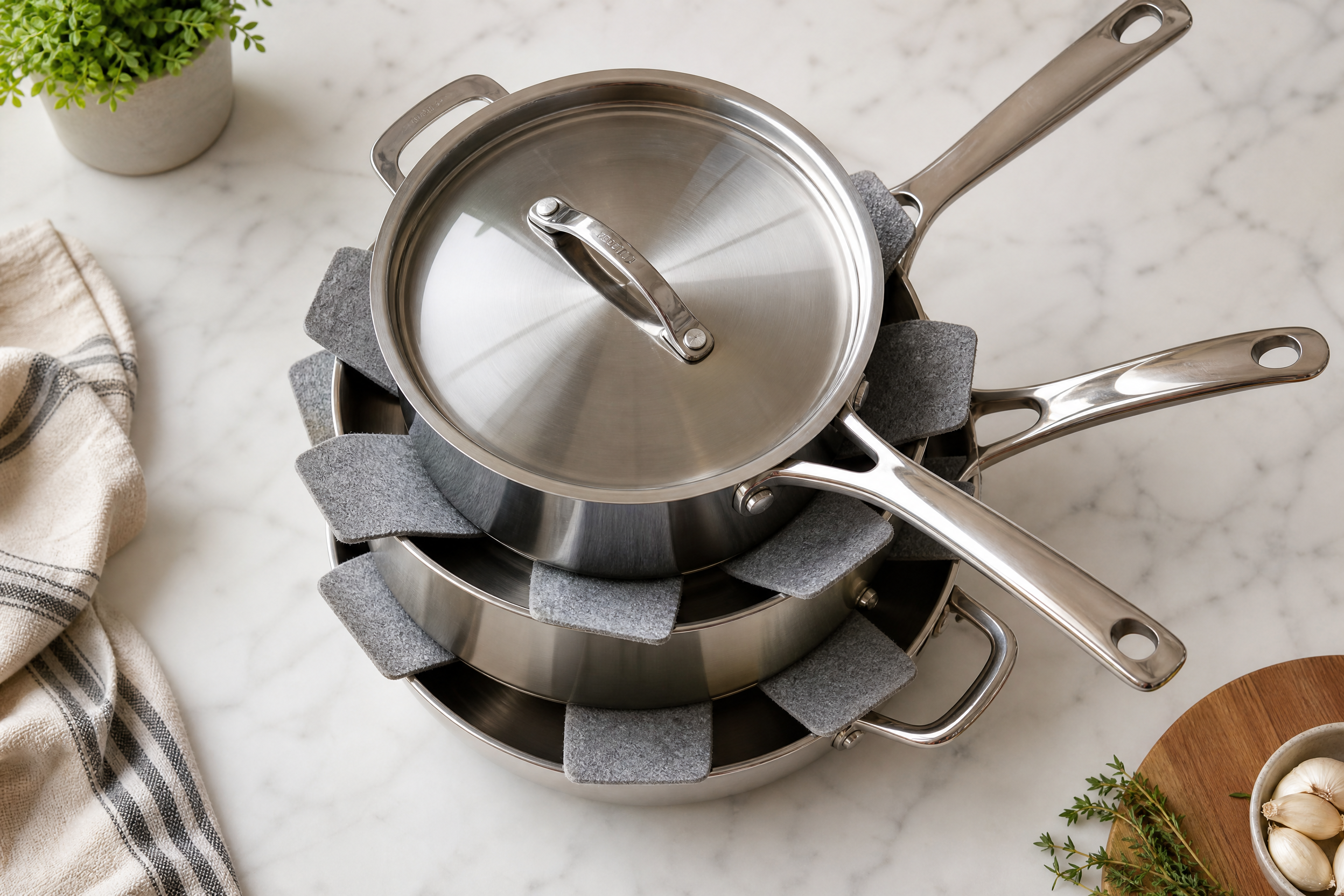 Stainless steel cookware stacked with pan protectors for storage - preventing surface scratches and maintaining shine