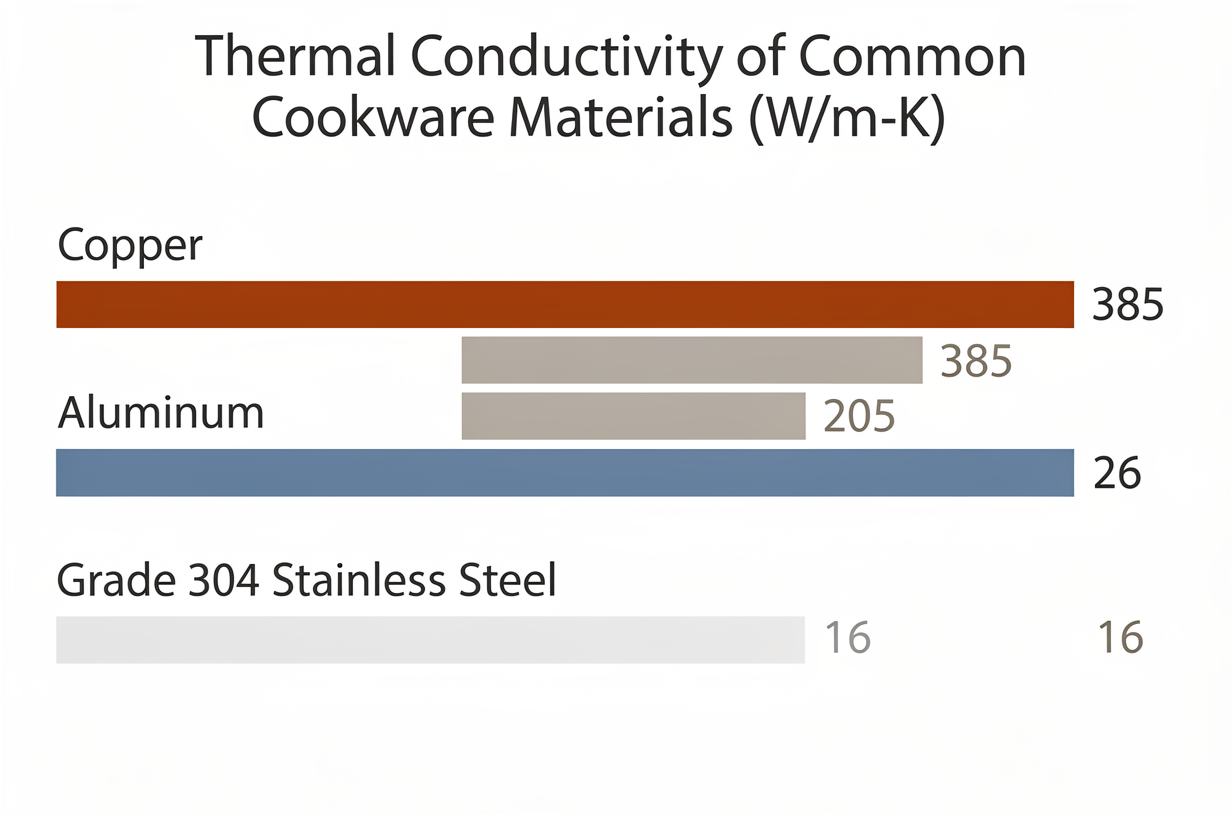Thermal conductivity comparison bar chart showing copper aluminum 430 stainless steel and 304 stainless steel W per meter Kelvin values