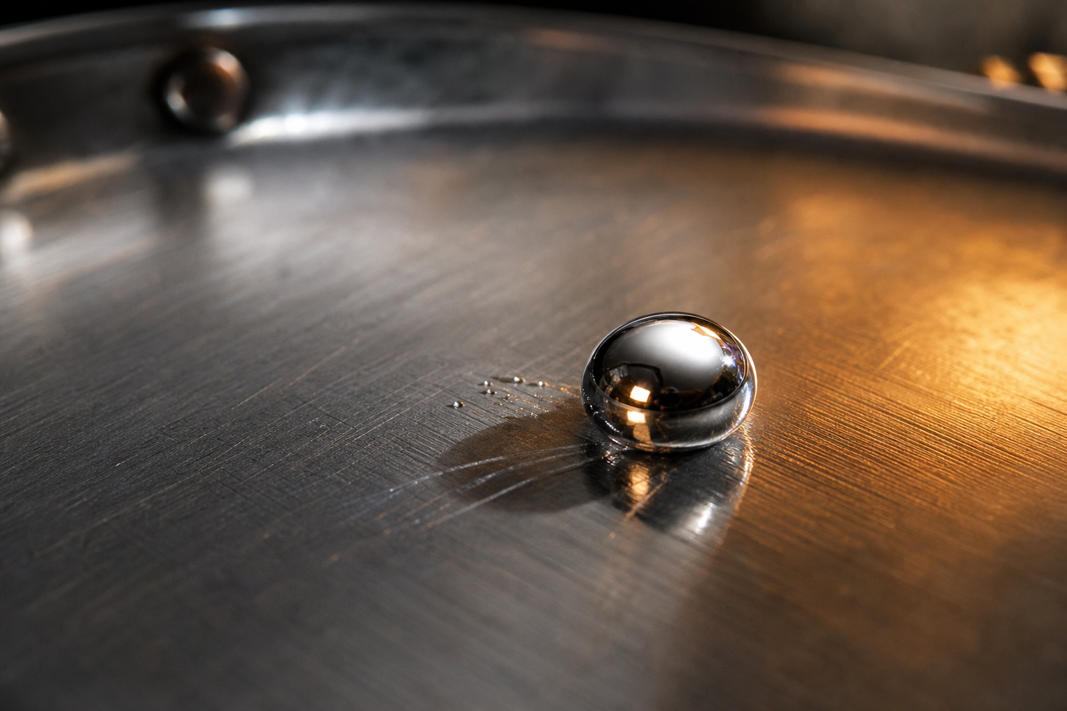 Mercury-ball water droplet beading on a preheated stainless steel pan — the Leidenfrost effect indicating the pan is ready for oil