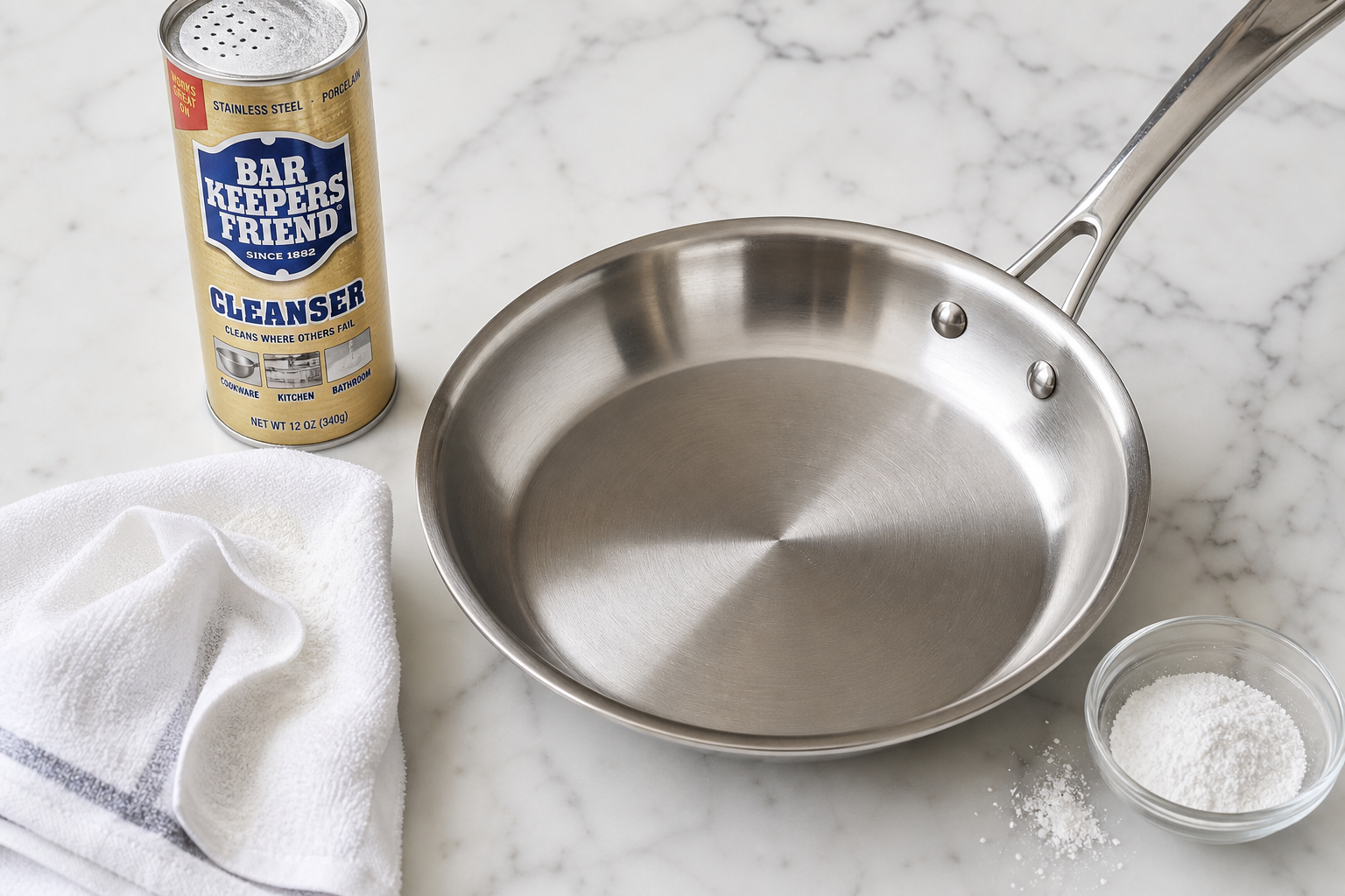 Bar Keepers Friend powdered cleanser next to stainless steel frying pan — comparison of cleaning agents for cookware restoration