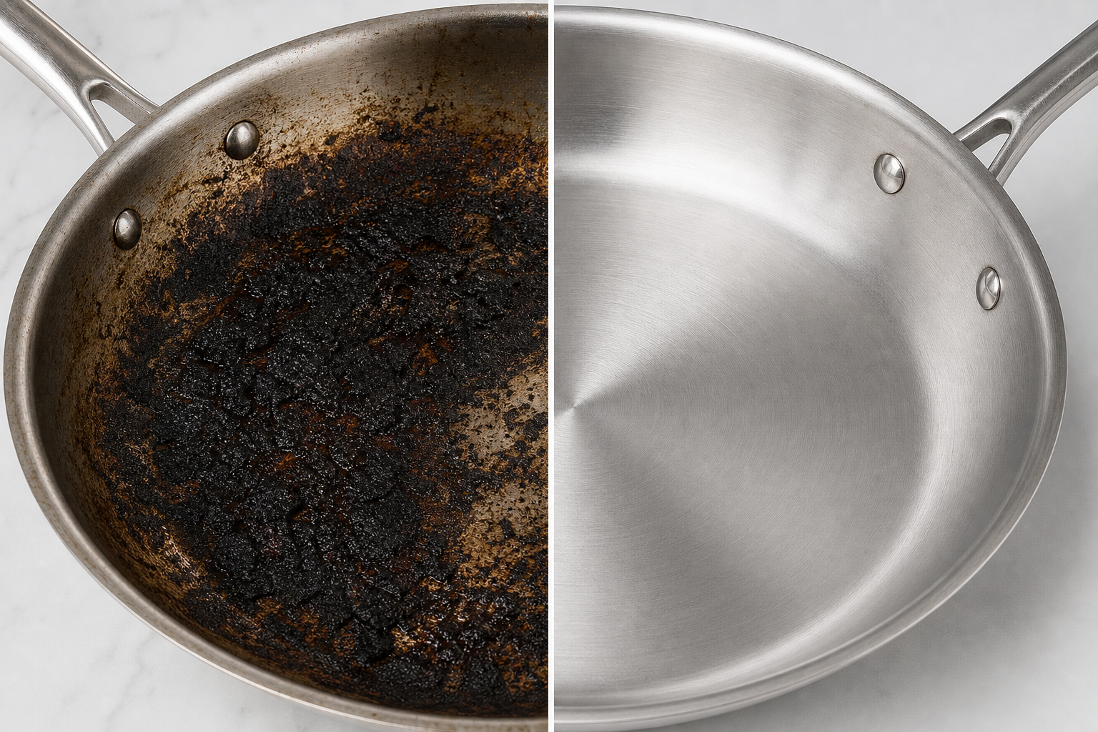 Before and after cleaning — burnt food residue inside stainless steel pan, baking soda simmer method result