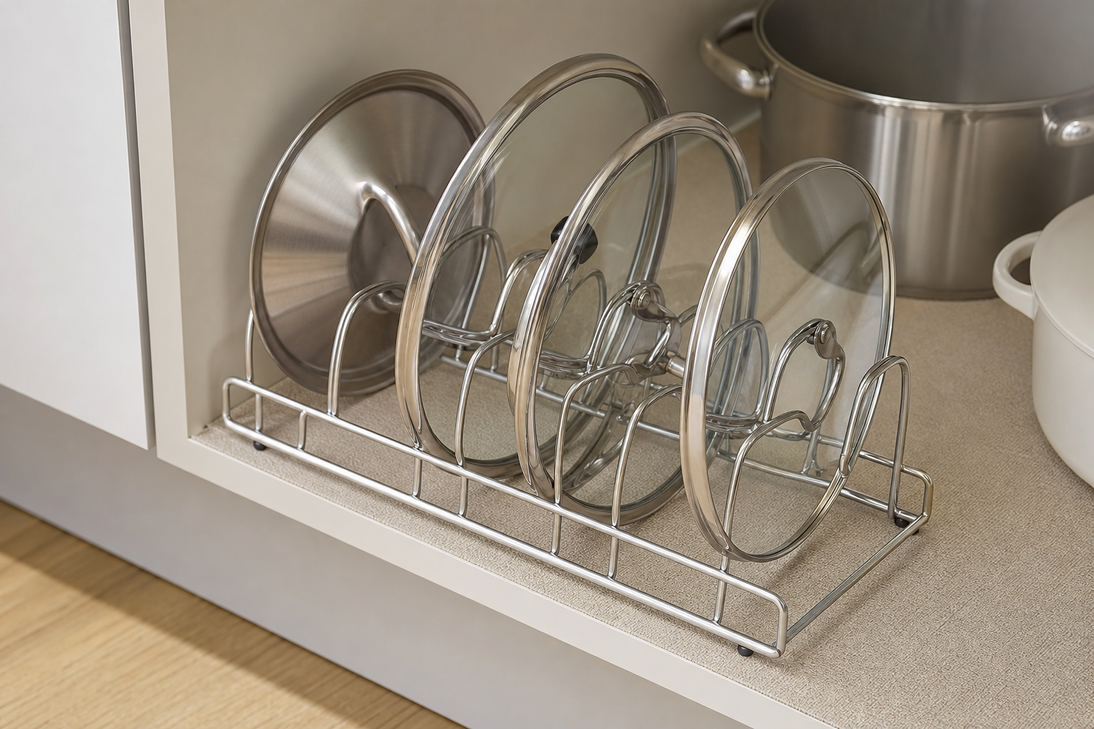 Stainless steel pot lids standing upright vertically in a wire lid organizer rack inside a kitchen cabinet - airflow on both surfaces, no moisture trapping