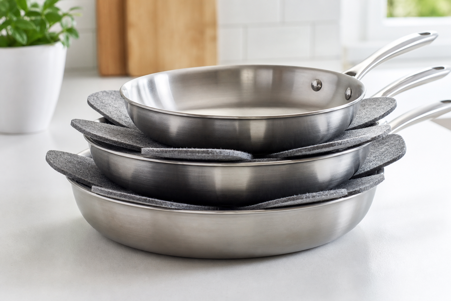 Three stainless steel frying pans stacked with gray felt pan protectors between each layer on a white kitchen counter - close-up detail of padding
