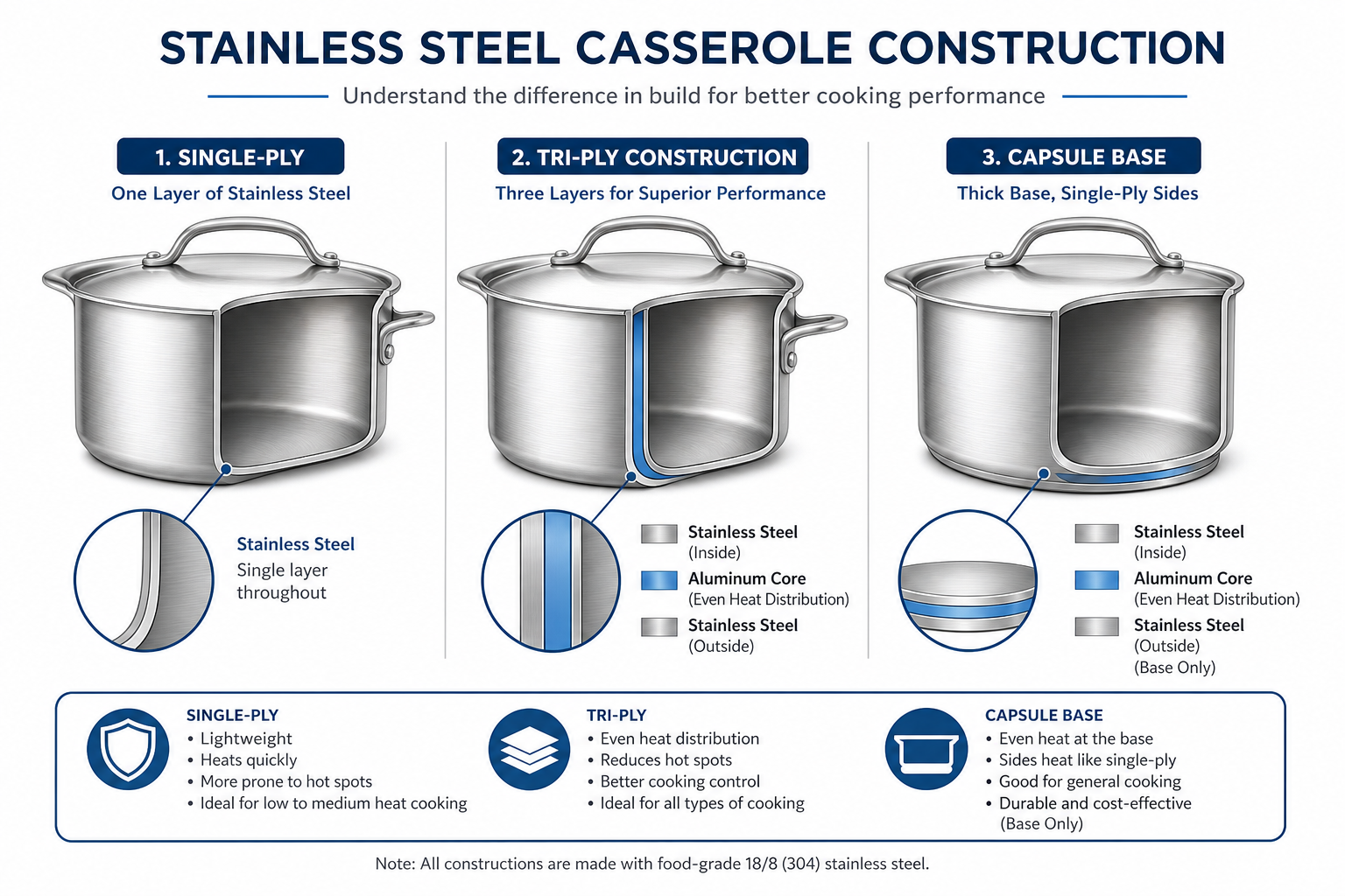 Cross-section diagram comparing single-ply, tri-ply, and capsule base stainless steel casserole construction types