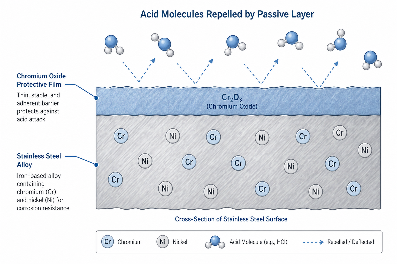 Cross-section diagram of stainless steel chromium oxide passive layer protecting against acid attack - food safety science