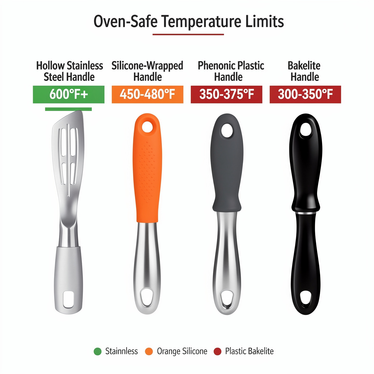 Cookware handle types comparison showing oven-safe temperature limits: stainless steel, silicone, phenolic plastic, and bakelite handles side by side