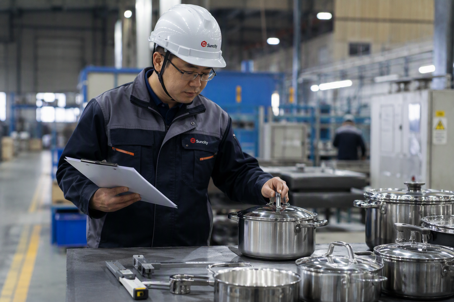 Quality inspector examining stainless steel cookware at a Chinese factory during pre-shipment inspection with clipboard and measuring tools