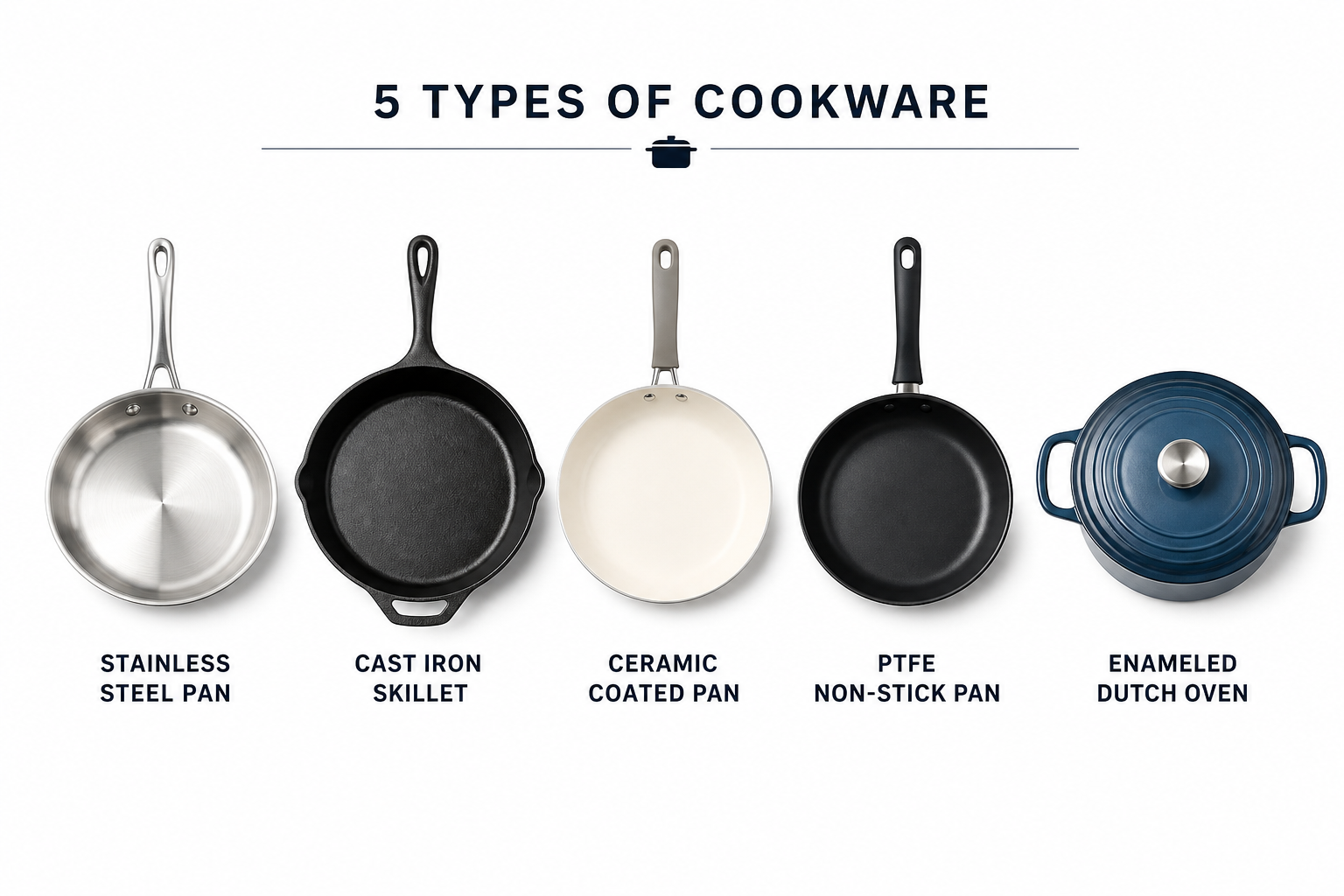 Five common cookware types side by side - stainless steel, cast iron, ceramic coated, PTFE non-stick, and enameled Dutch oven comparison guide