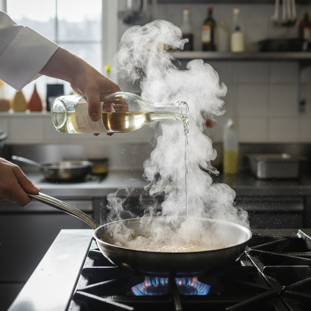 Chef pouring white wine into a hot stainless steel skillet creating a dramatic burst of steam - deglazing technique with golden-brown fond visible on pan bottom