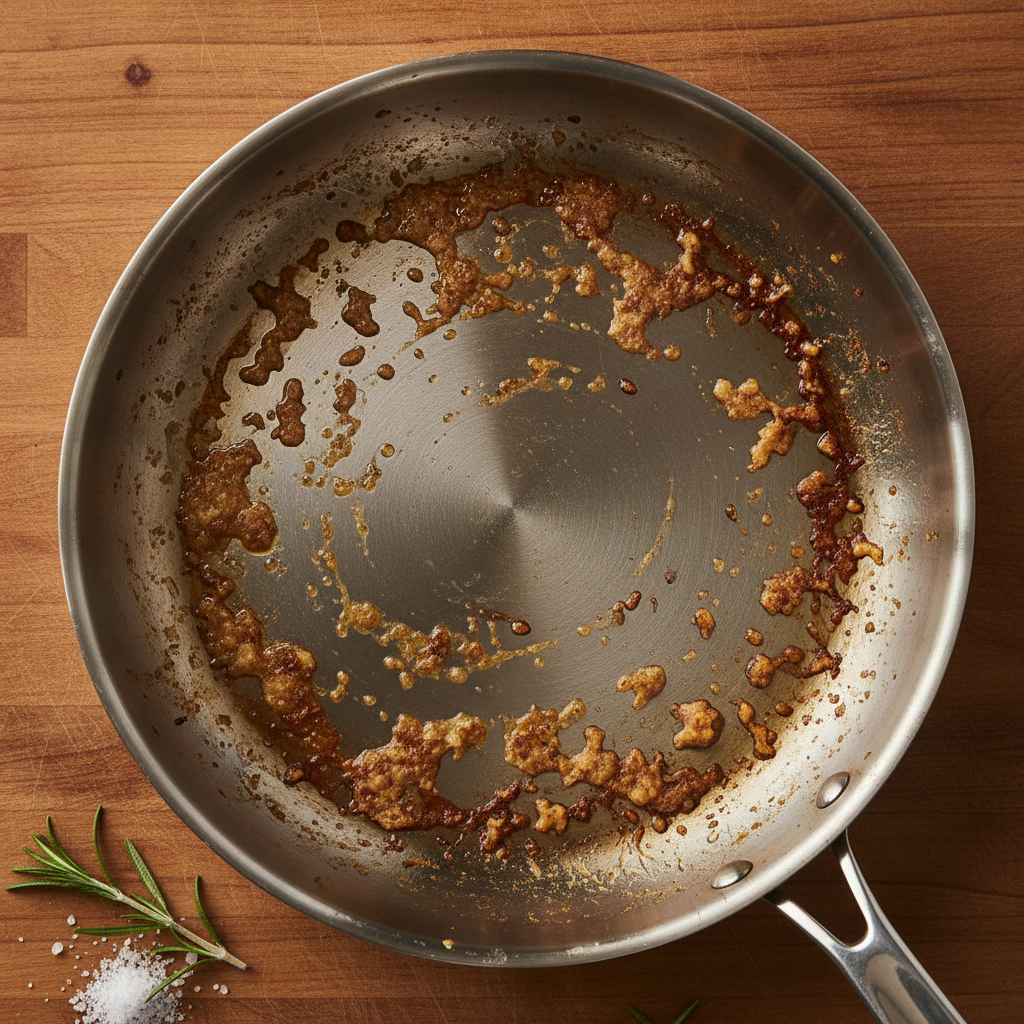 Close-up of golden-brown fond — caramelized Maillard residue on a stainless steel skillet bottom after searing chicken - amber to mahogany color