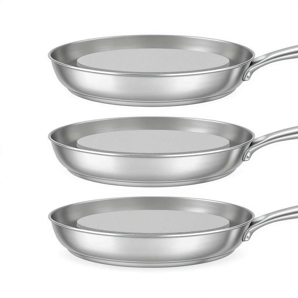 Illustration showing three stainless steel pans stacked with round felt pad separators between each pan - correct safe stacking technique