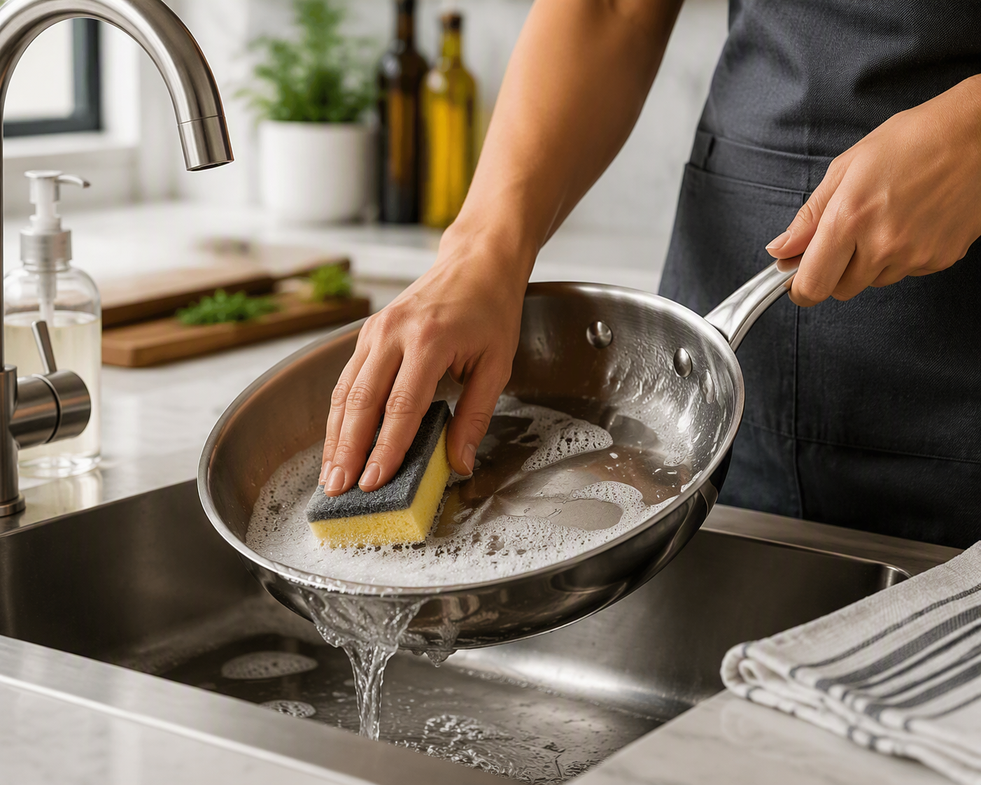Proper stainless steel pan care - hand washing with soft sponge and warm water in kitchen sink